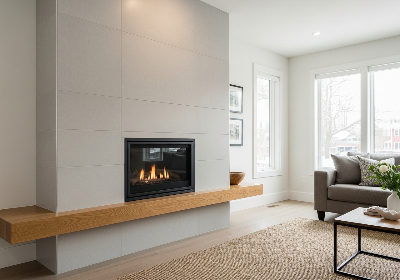 Modern fireplace remodel with floor-to-ceiling tile surround and floating mantel