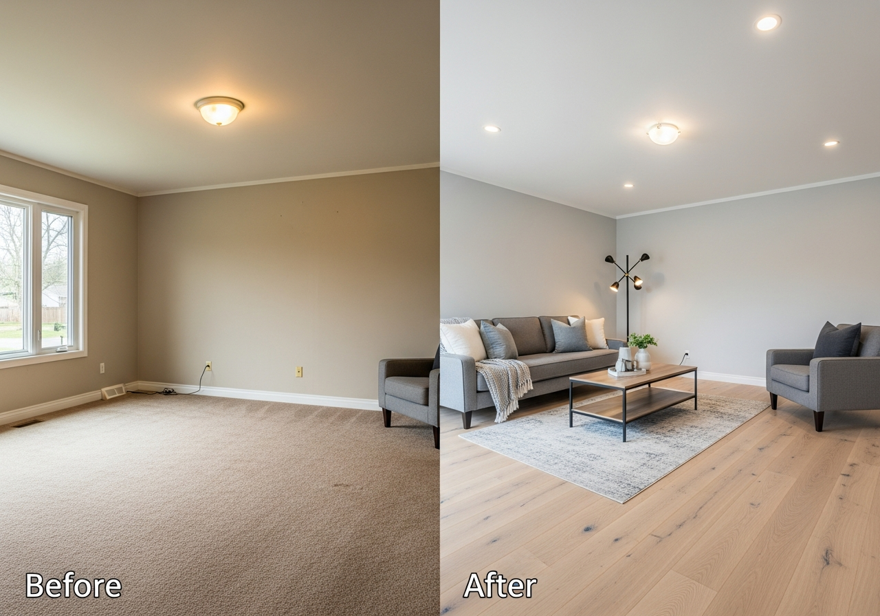 Before and after living room remodel showing paint, flooring, and lighting transformation