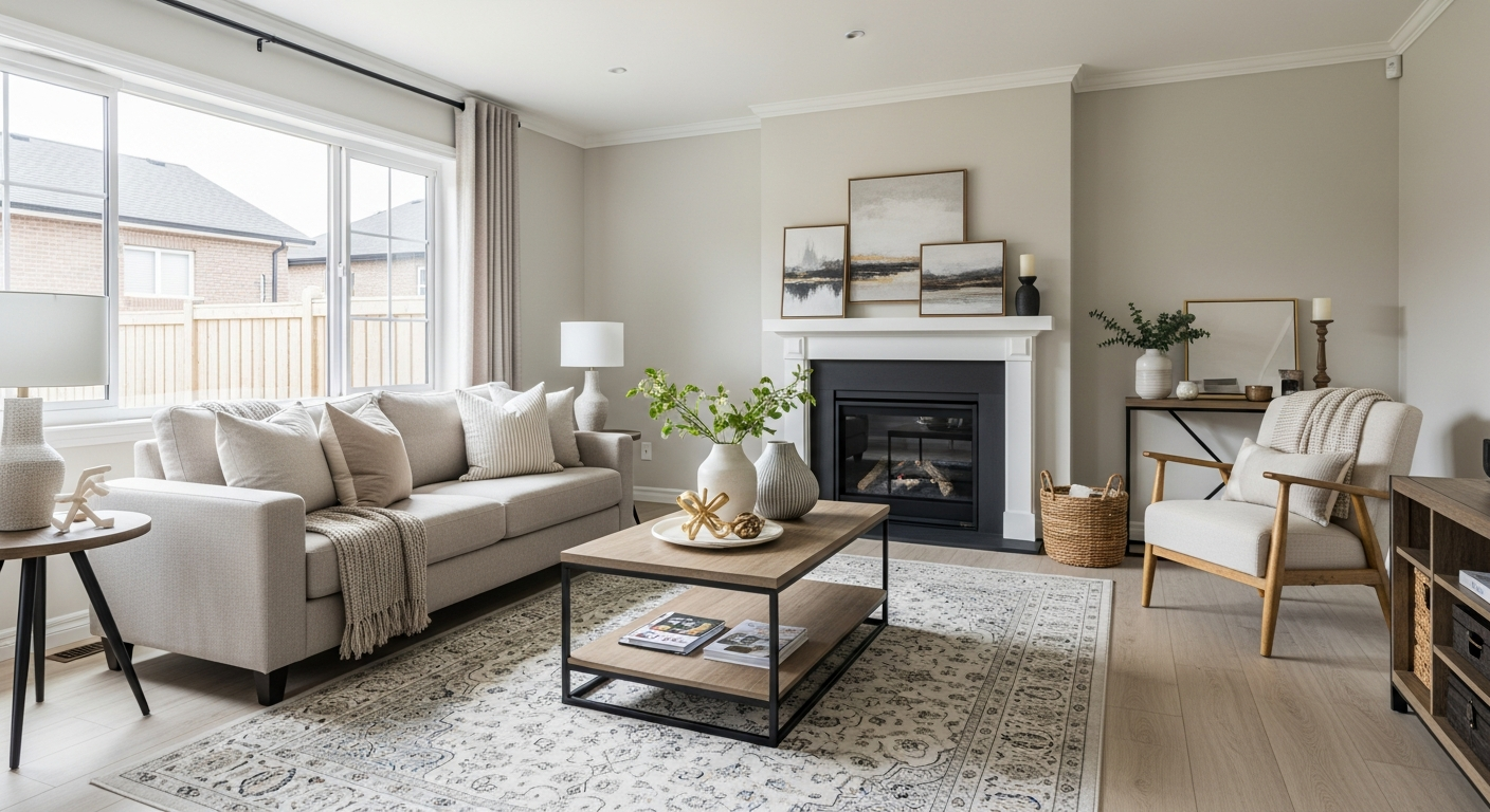 Modern living room remodel with hardwood flooring, built-in shelving, and recessed lighting