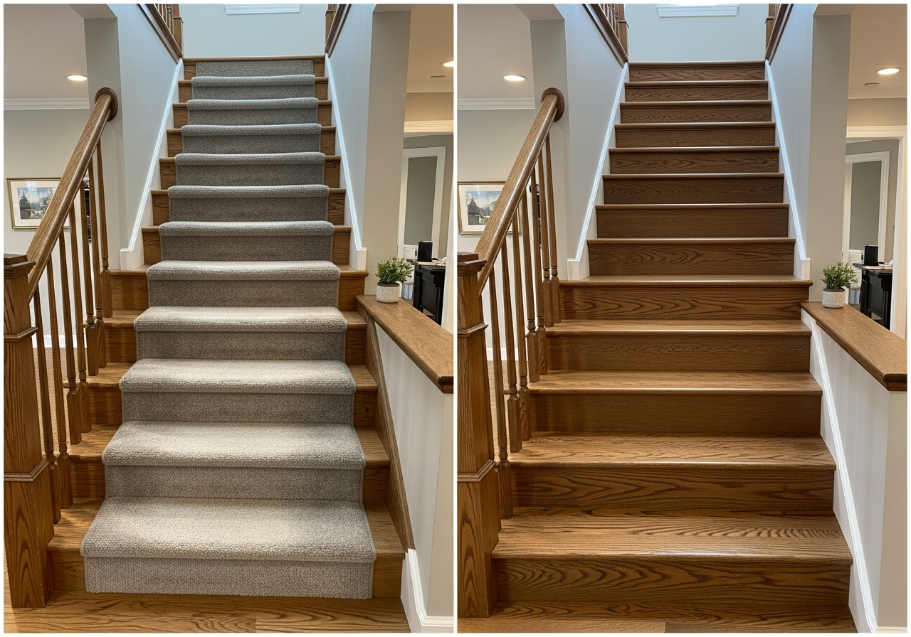 Before and after stair refinishing showing carpet removal and hardwood stain application