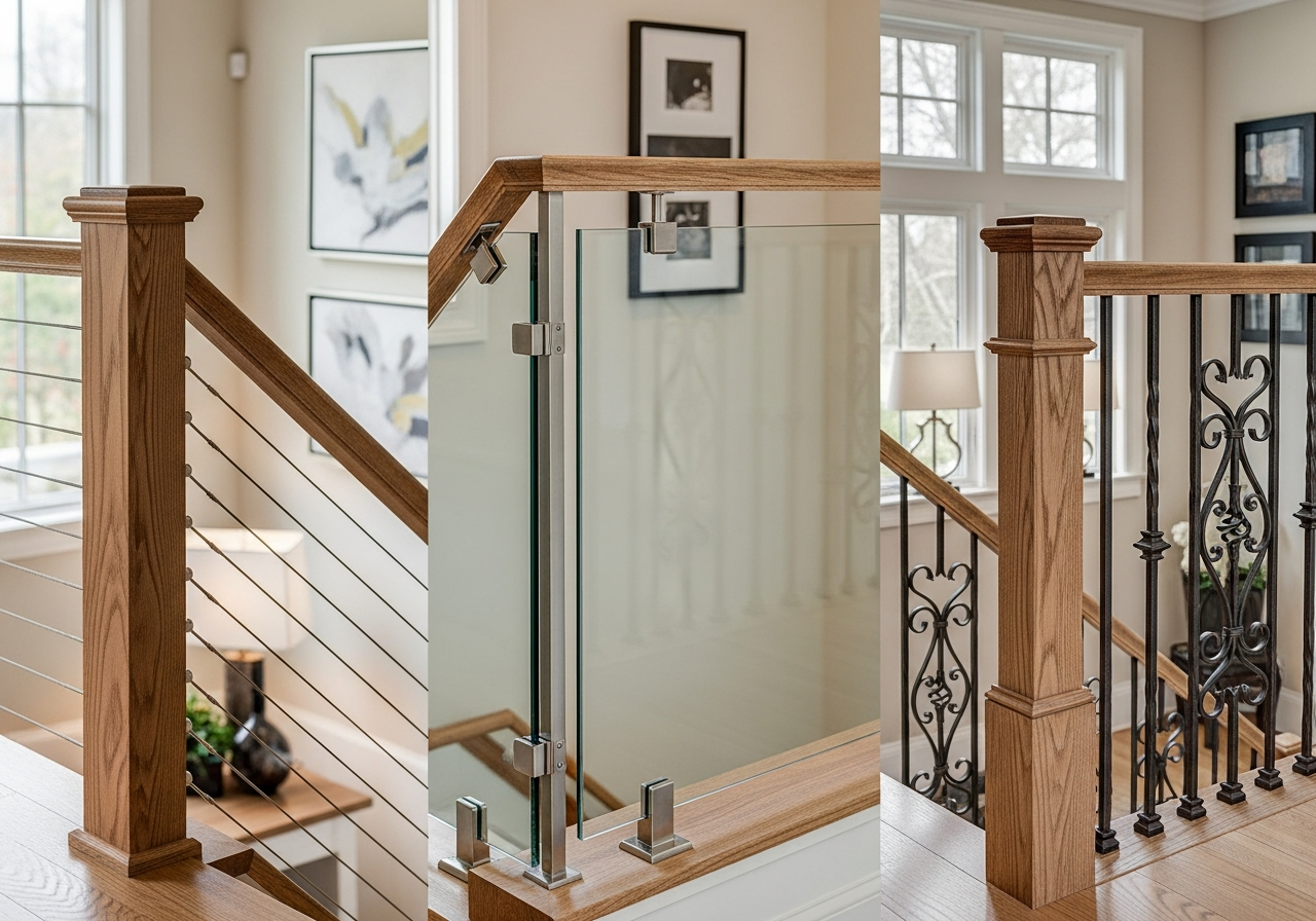 Various railing styles including cable, glass panel, and wrought iron balusters