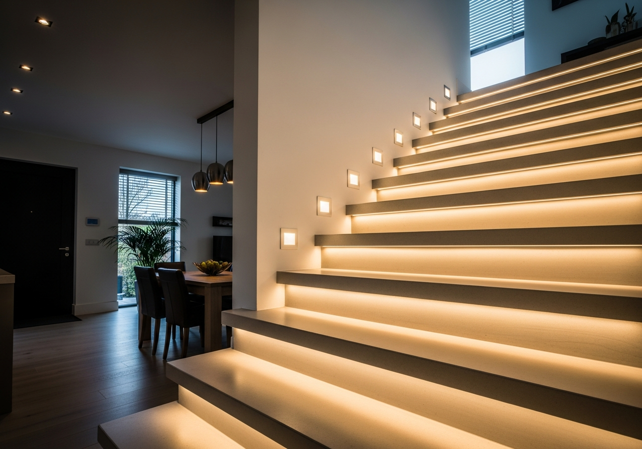 LED strip lighting installed under stair tread nosings creating a modern glow effect