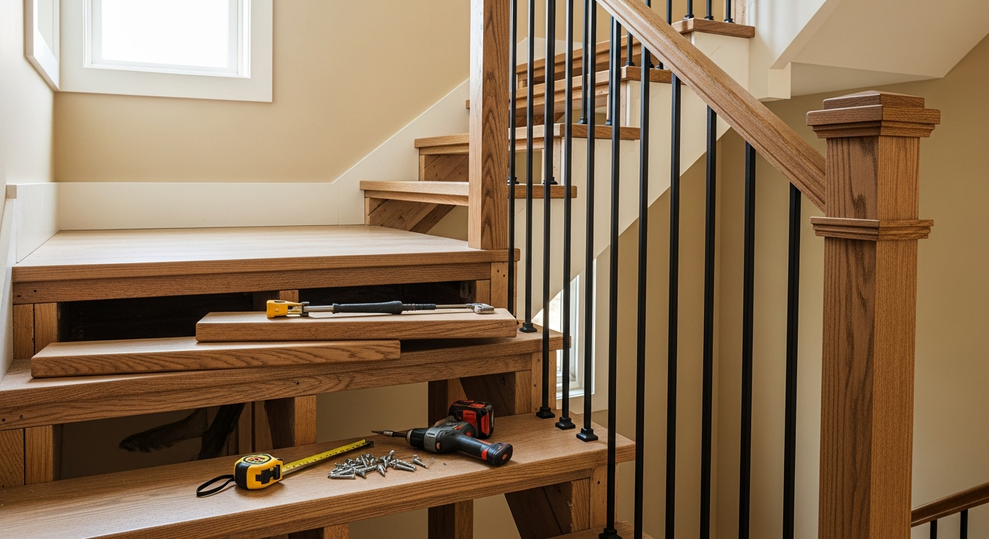 Modern staircase remodel with hardwood treads, cable railing, and open risers