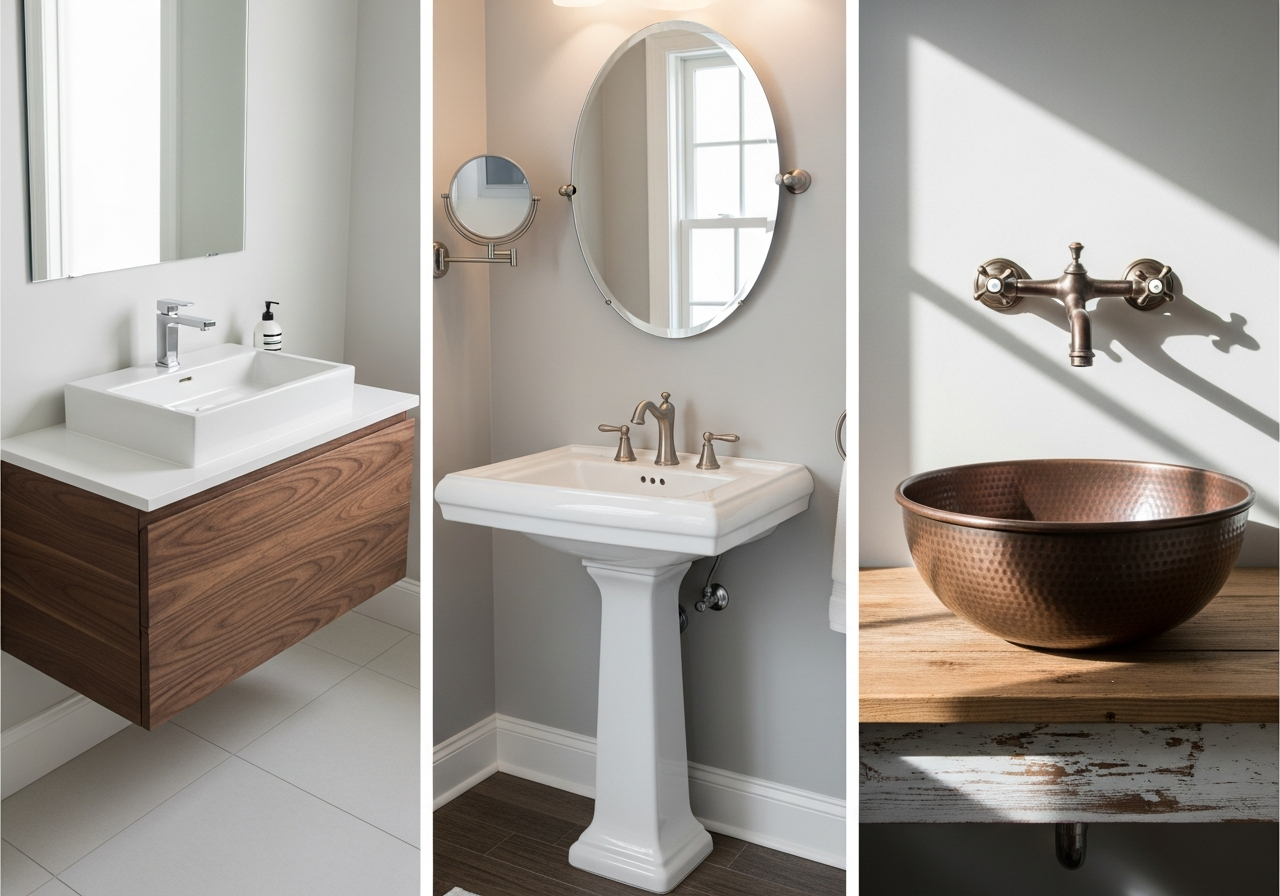 Comparison of half bath vanity options including floating, pedestal, and vessel sink designs
