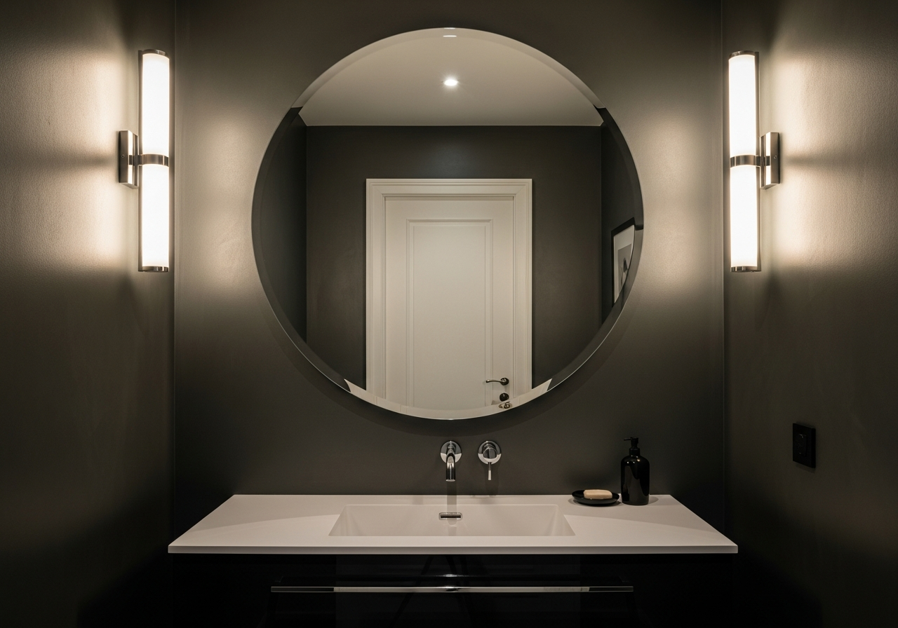 Half bath with statement oversized round mirror, wall sconces, and moody paint color