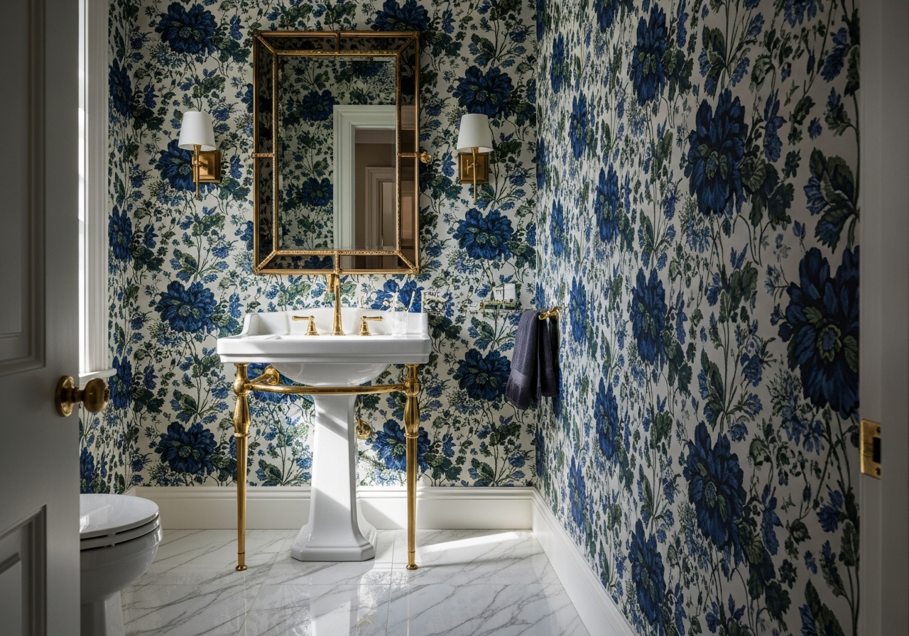 Luxurious powder room with marble floor tile, brass fixtures, and floral wallpaper