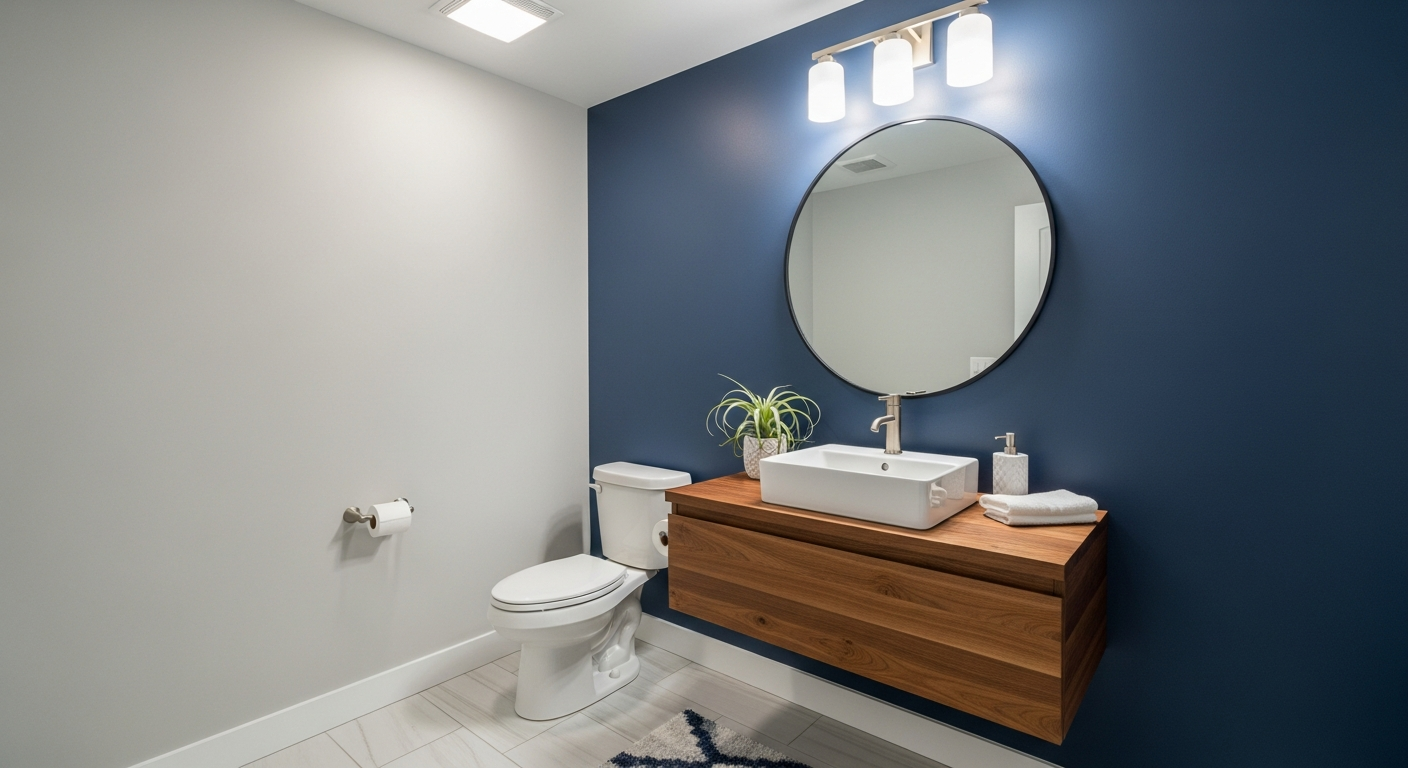 Stylish half bath remodel with bold wallpaper, floating vanity, and statement mirror
