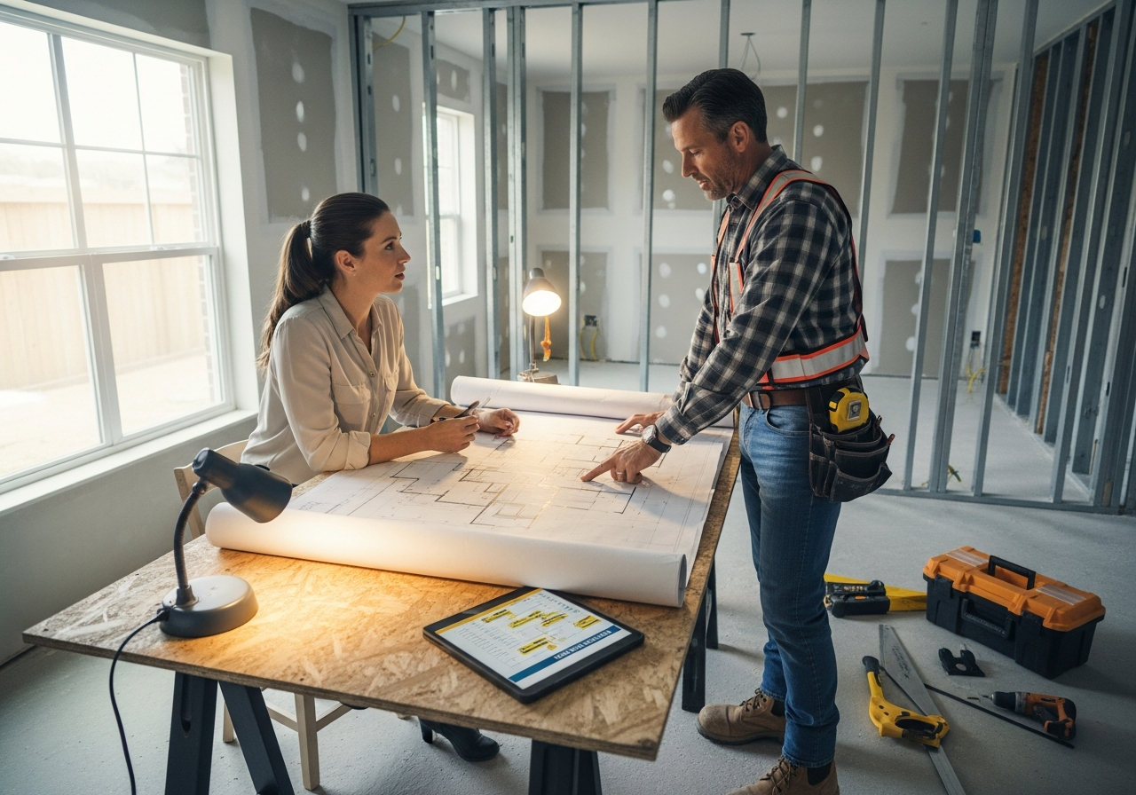 Homeowner interviewing contractor at renovation site reviewing plans and timeline