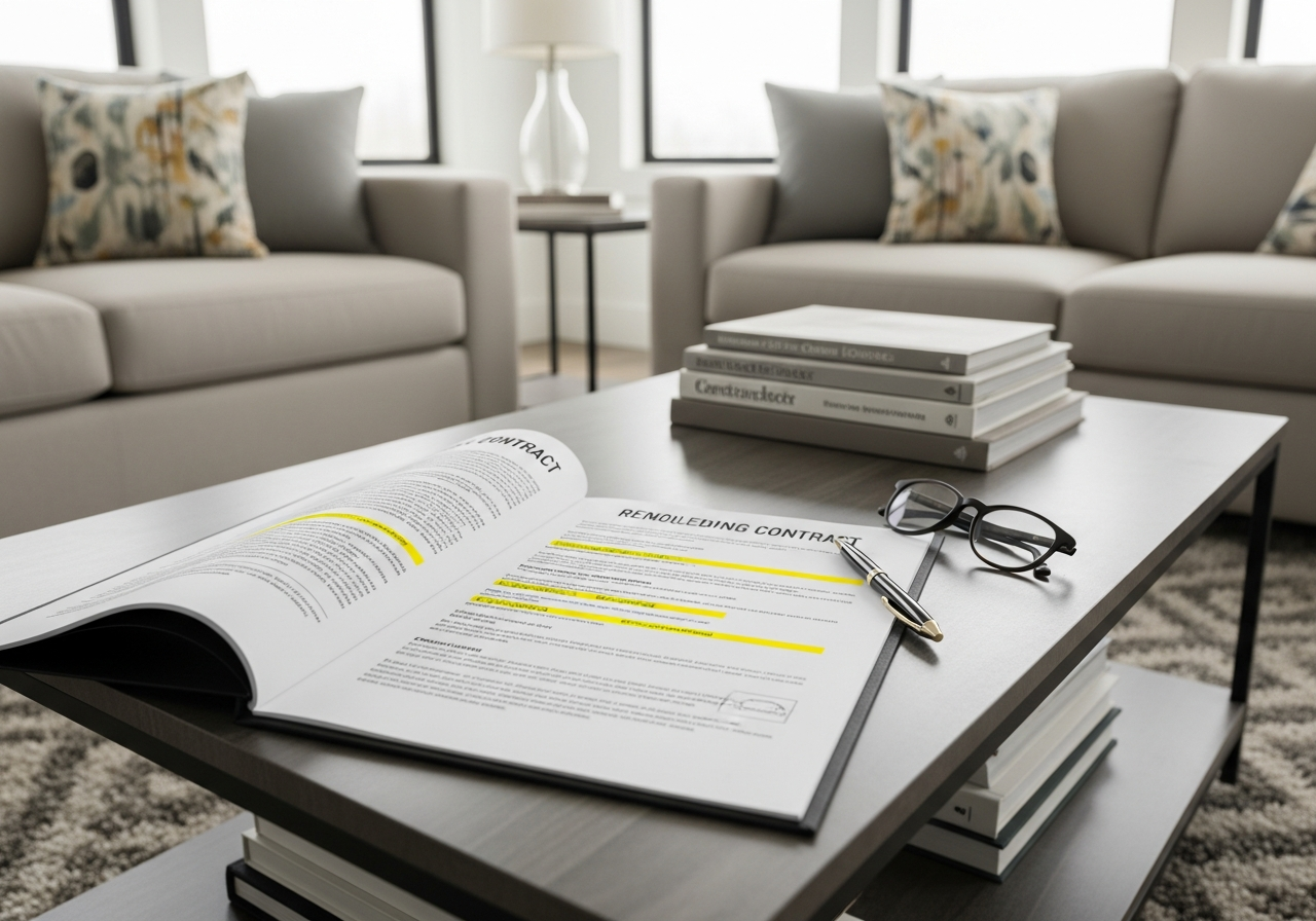 Detailed remodeling contract with highlighted key sections and contractor credentials