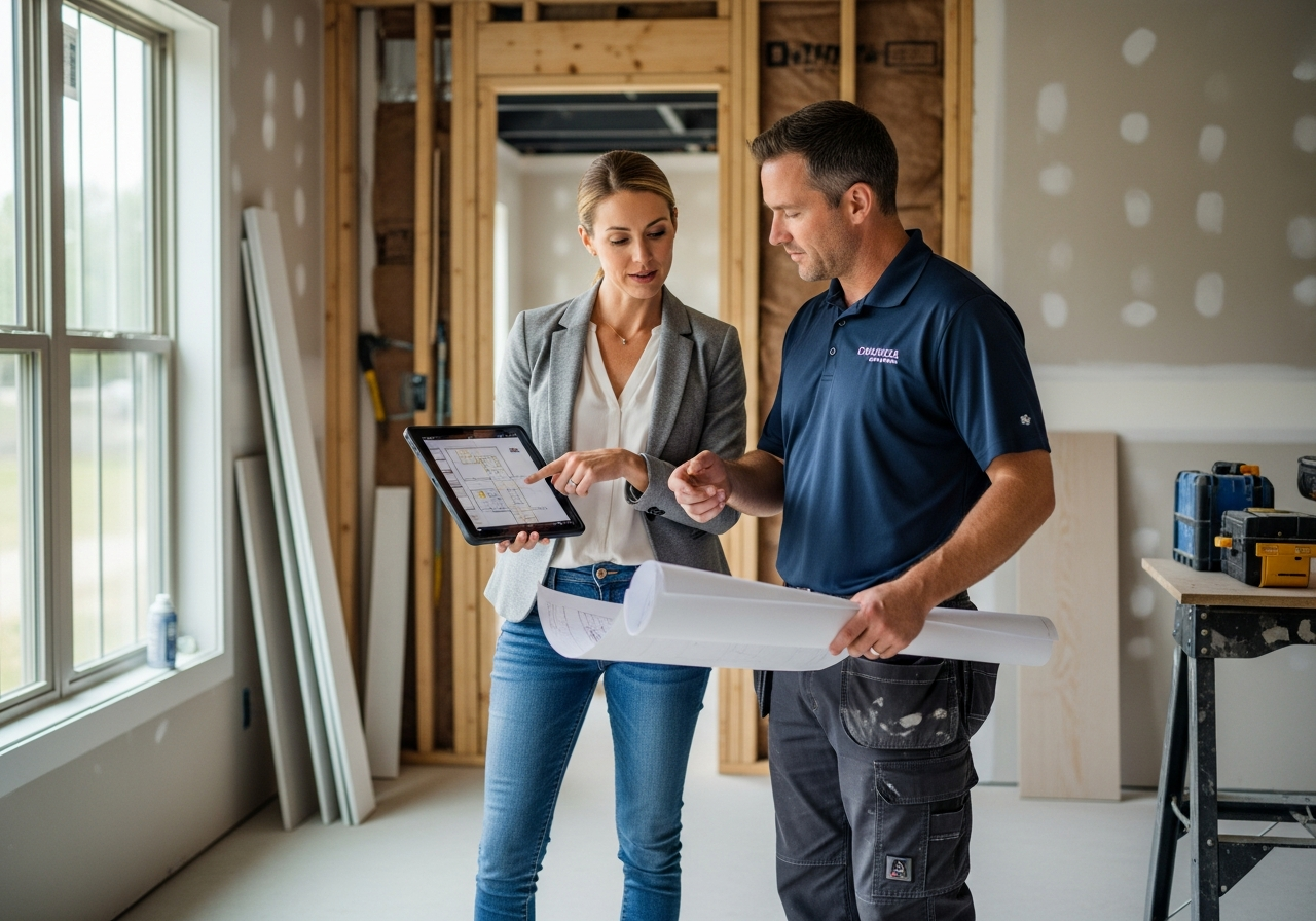 Homeowner and contractor reviewing project progress on-site with tablet and plans