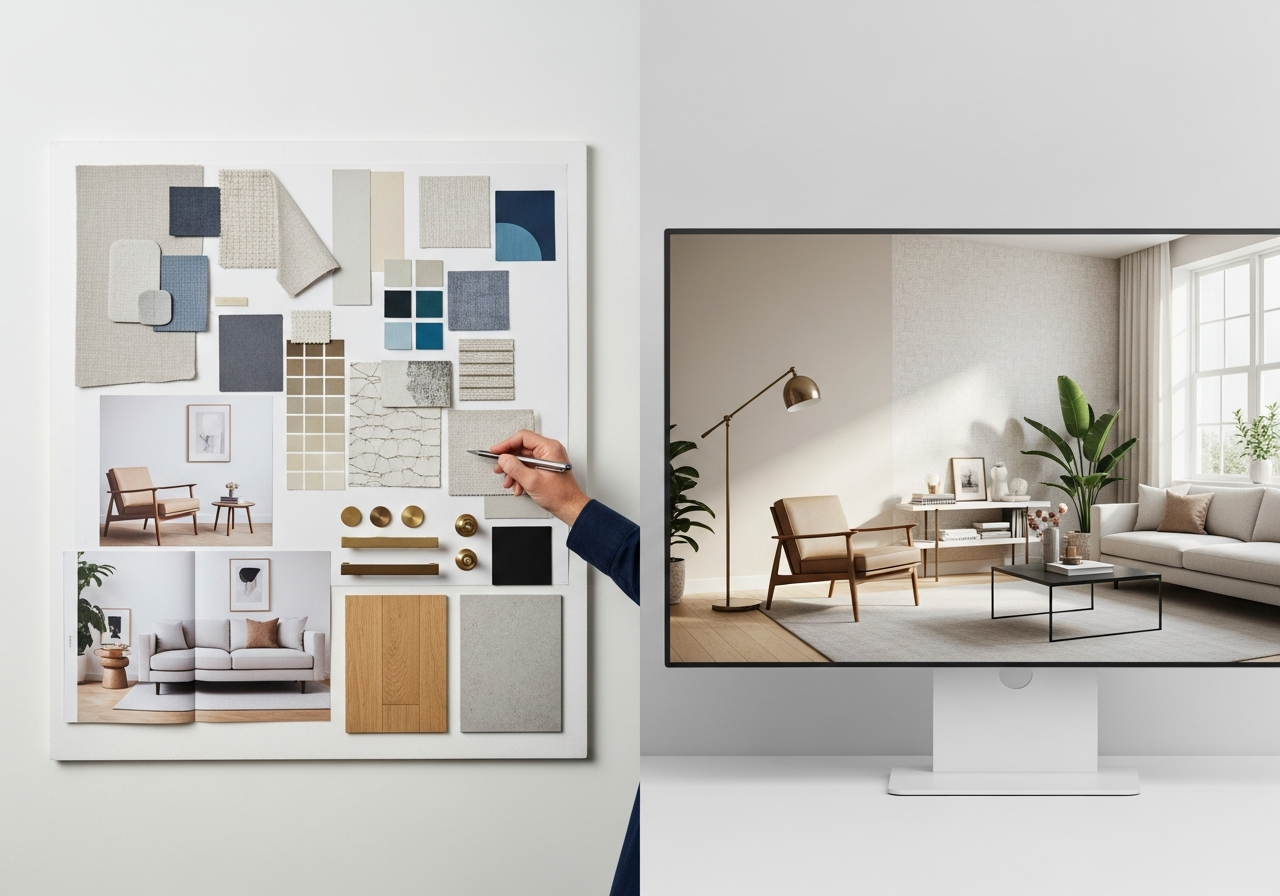 Side-by-side comparison of traditional mood board planning versus AI visualization rendering