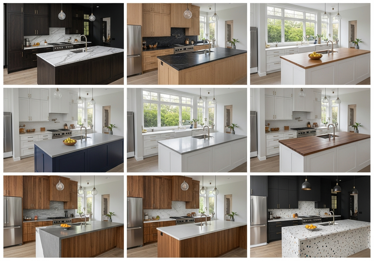 Multiple AI renderings showing the same kitchen with different countertop and cabinet combinations