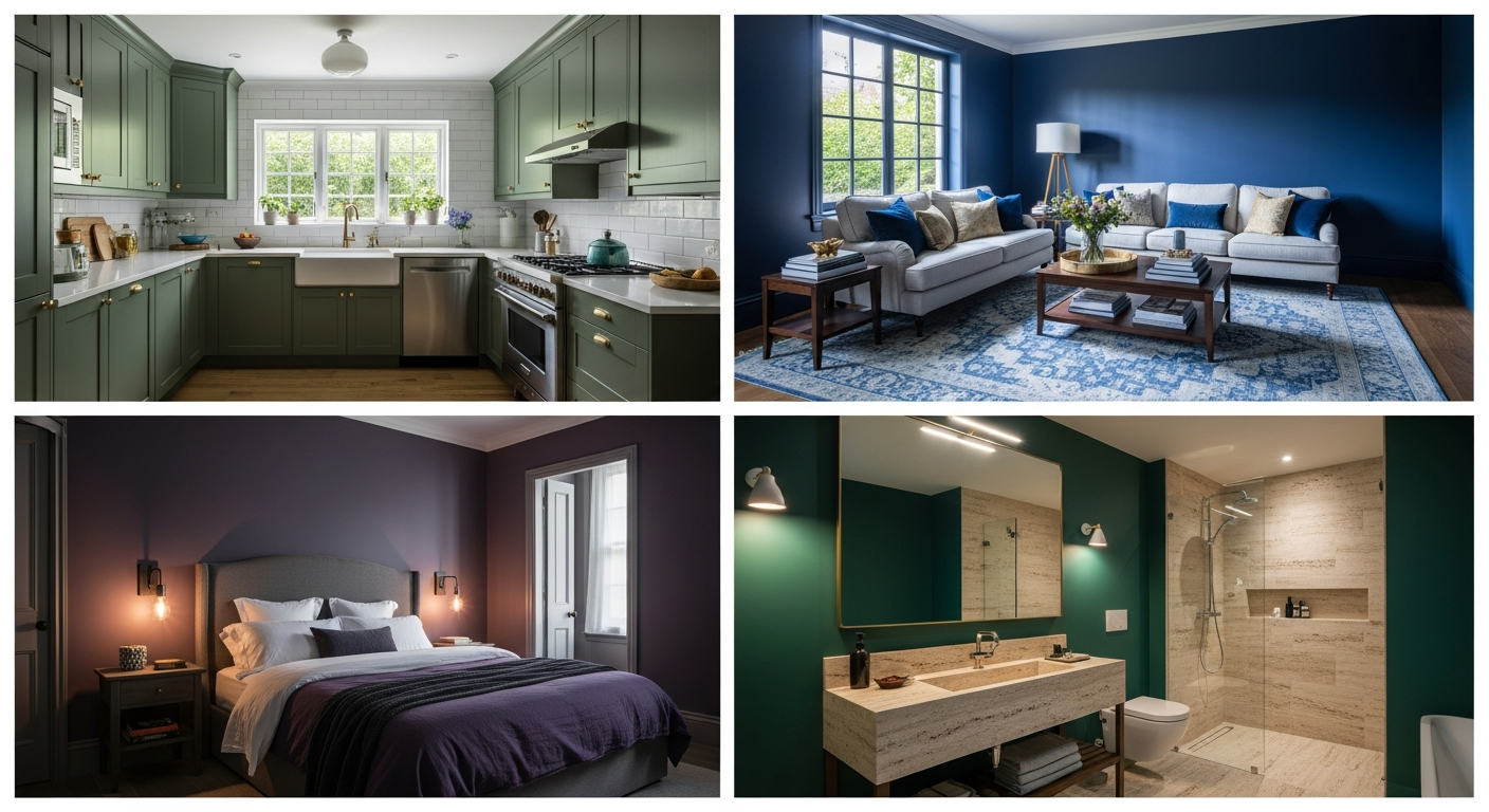 Four rooms showing 2026 color trends applied to kitchen, living room, bedroom, and bathroom