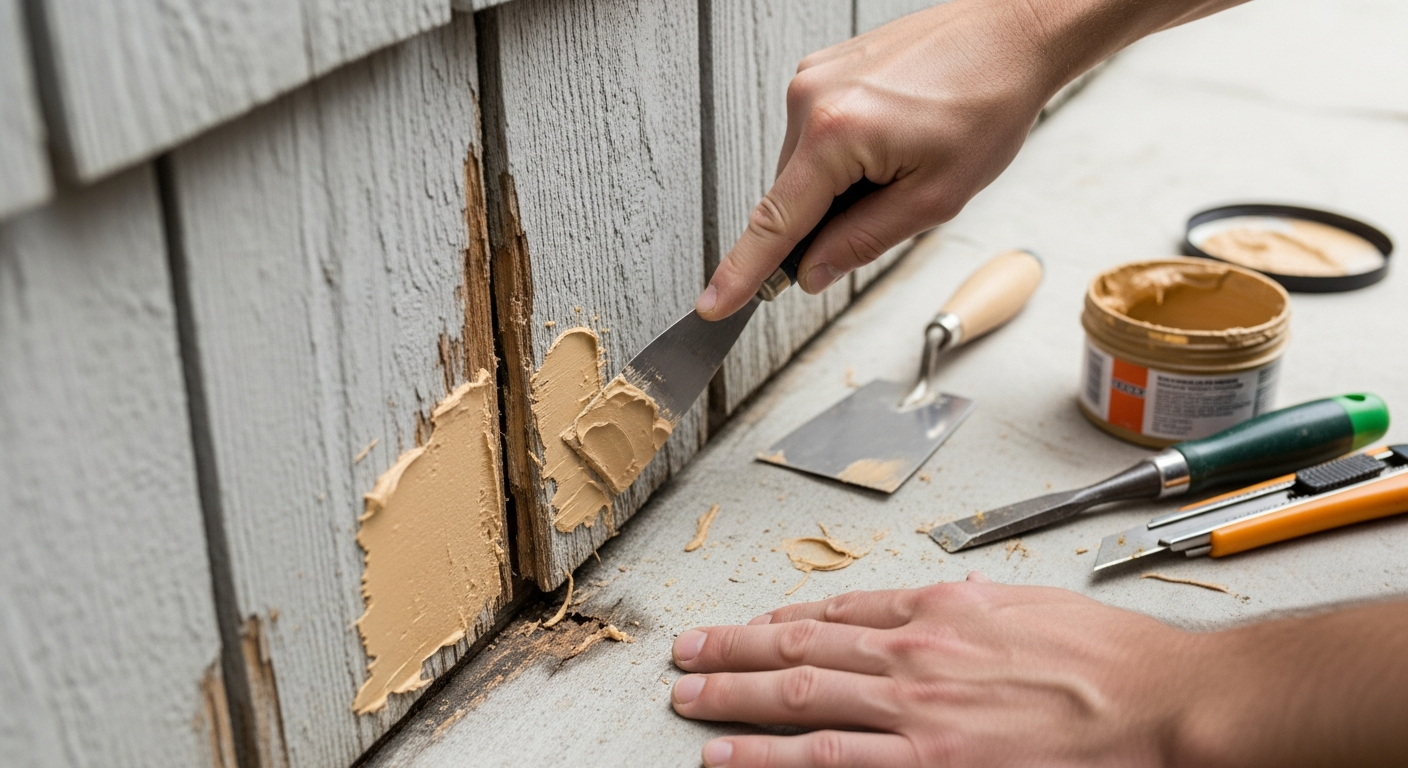 Close-up of wood rot repair with epoxy filler on exterior siding