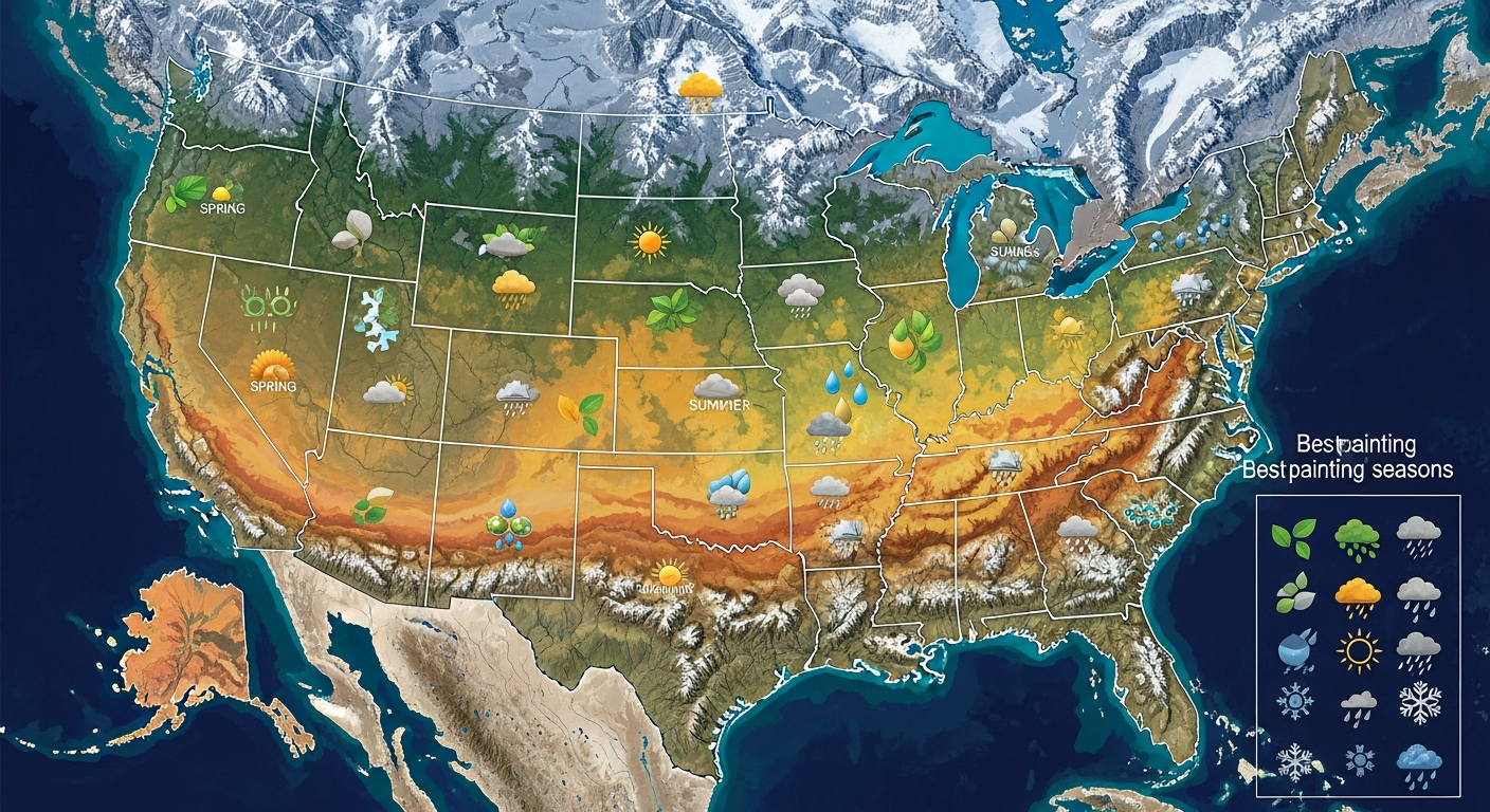 Map of US regions showing the best exterior painting seasons for Northeast, Southeast, Midwest, Southwest, and Northwest