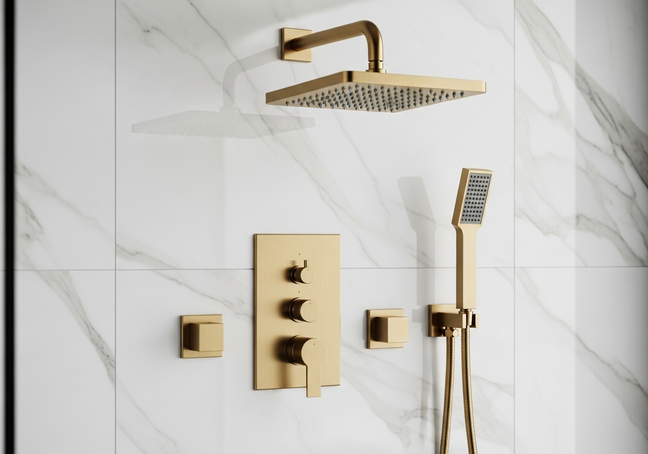 Premium shower fixtures including rainfall head, handheld wand, and thermostatic valve in brushed gold