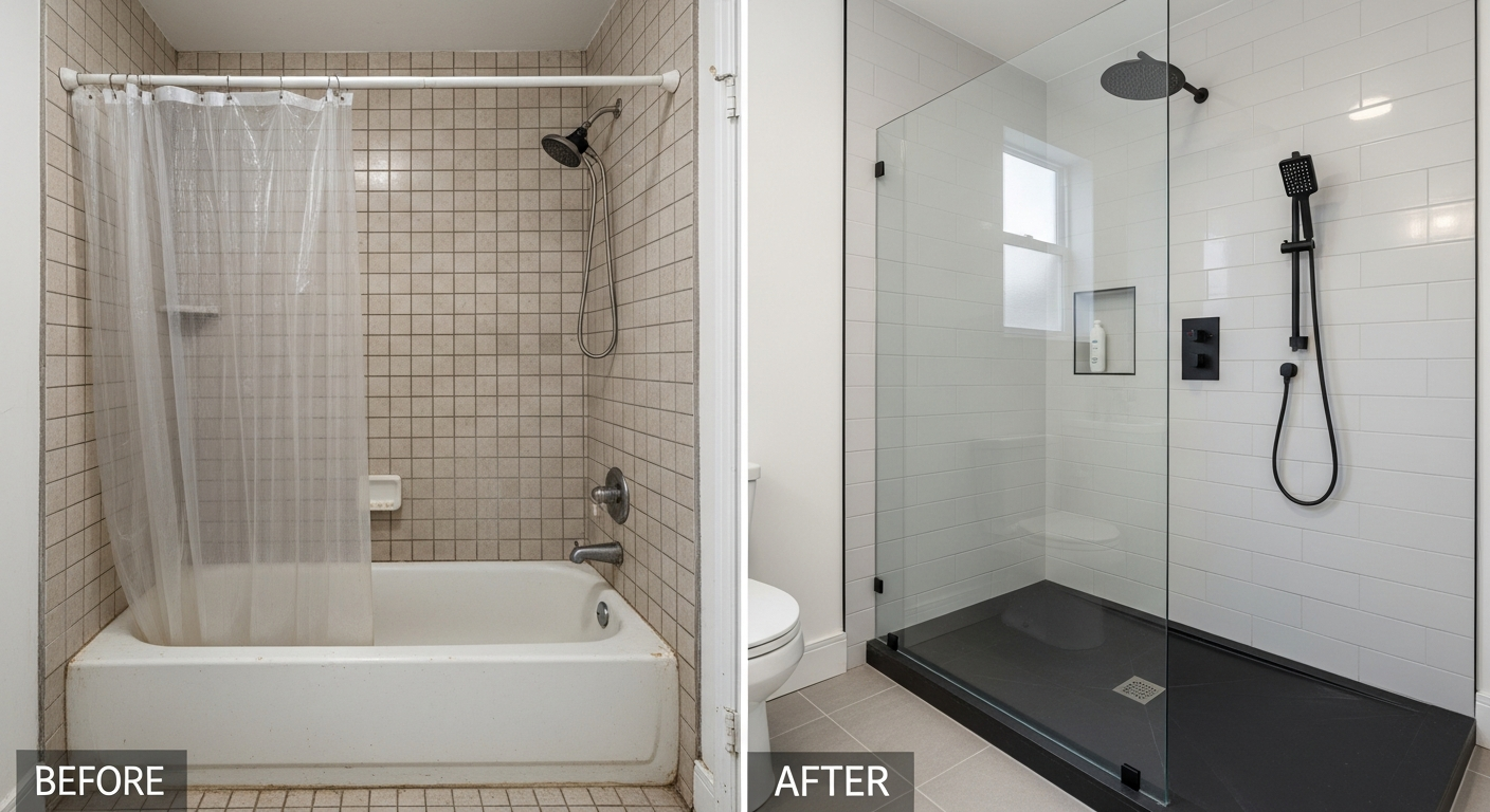 Before and after comparison of a complete shower remodel from dated tub combo to modern walk-in