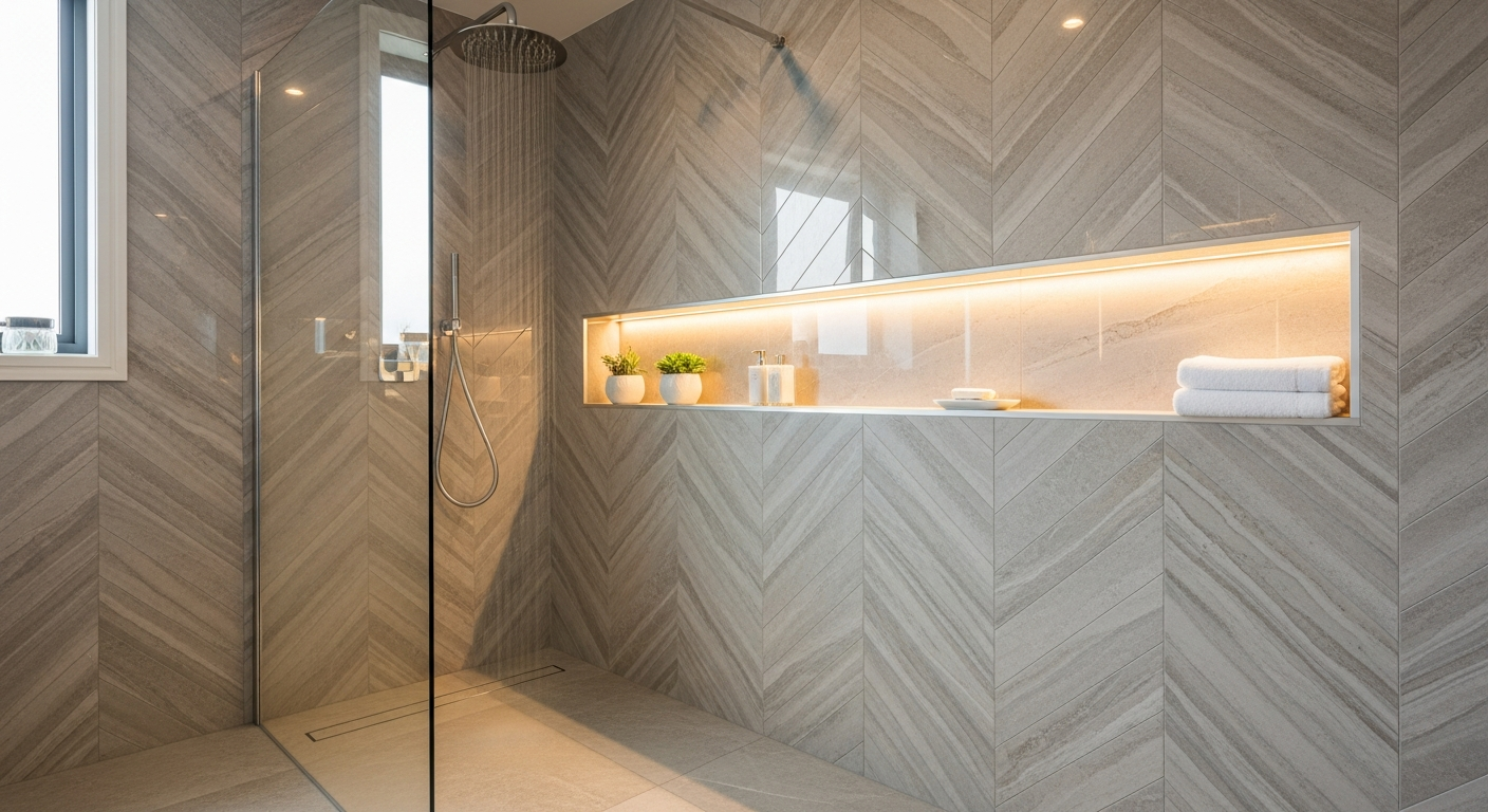 Modern walk-in shower with frameless glass enclosure, herringbone tile, and rainfall shower head
