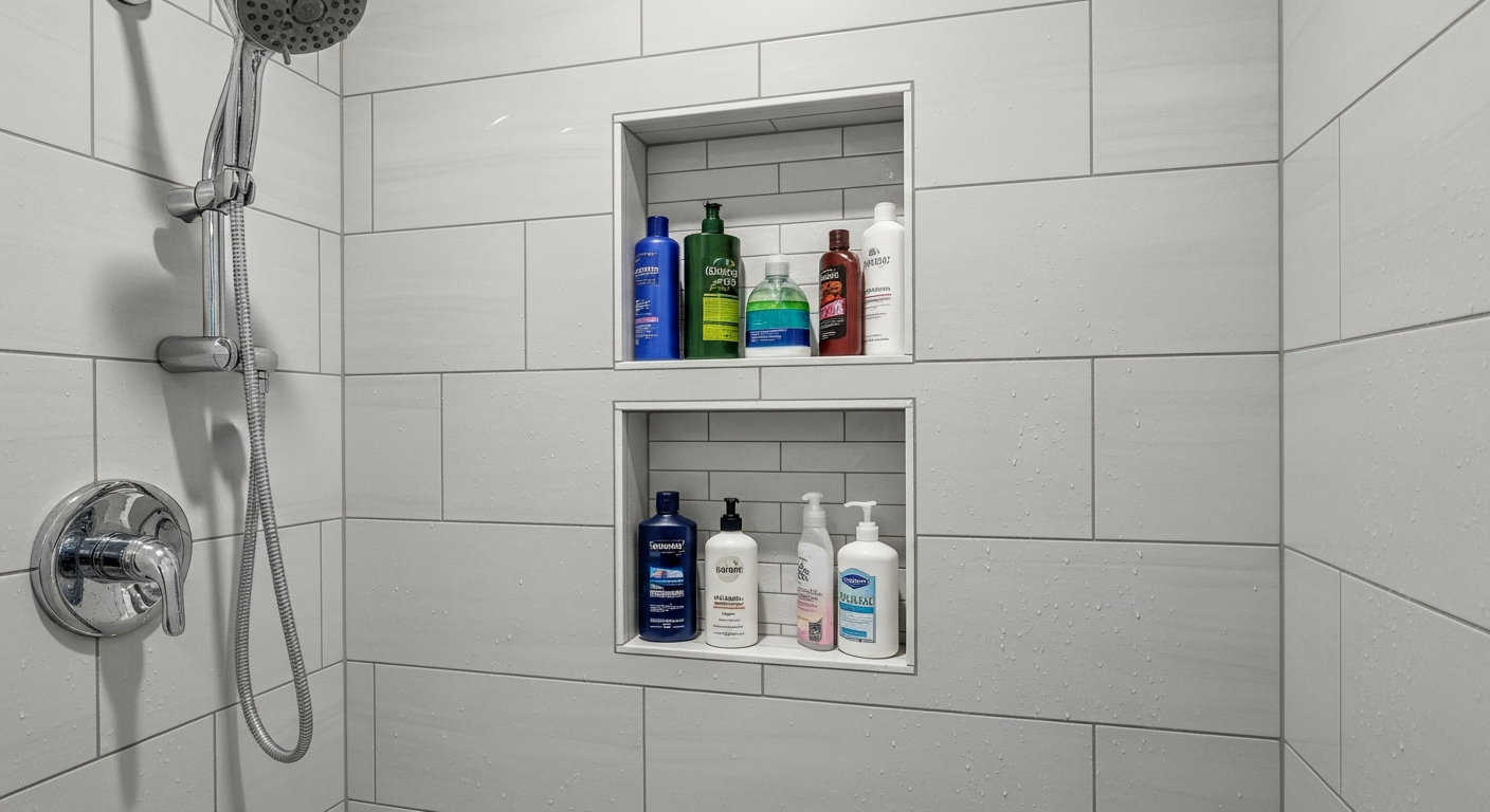 Shower with built-in storage niches and organized toiletries
