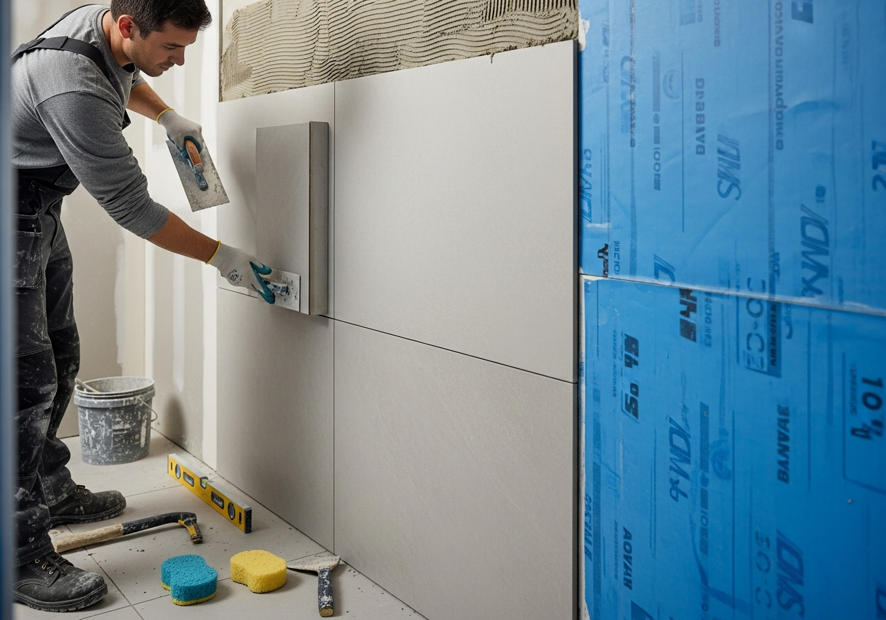 Professional tile installation in progress on shower wall with waterproofing membrane visible