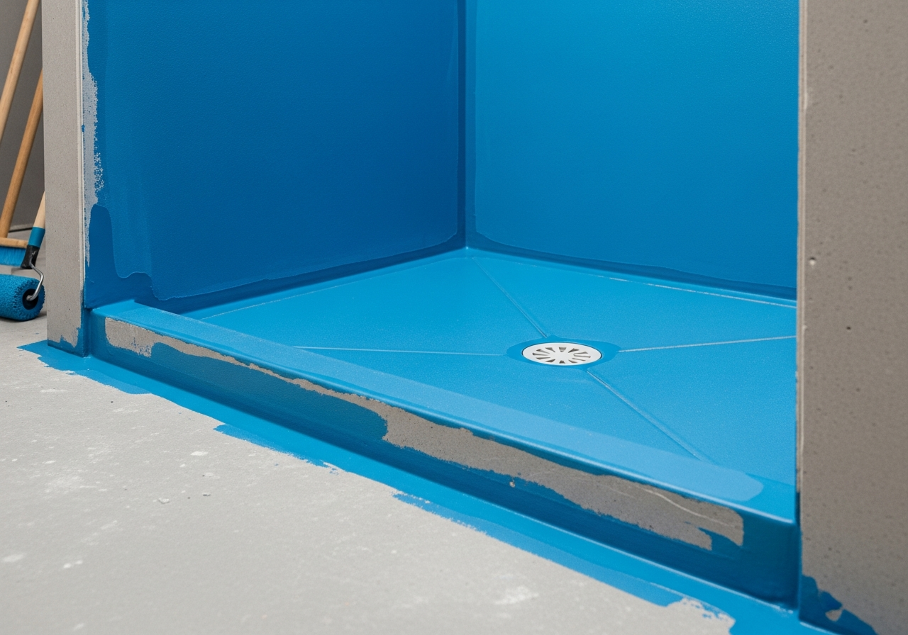 Shower waterproofing membrane being applied to walls and floor showing proper technique and coverage