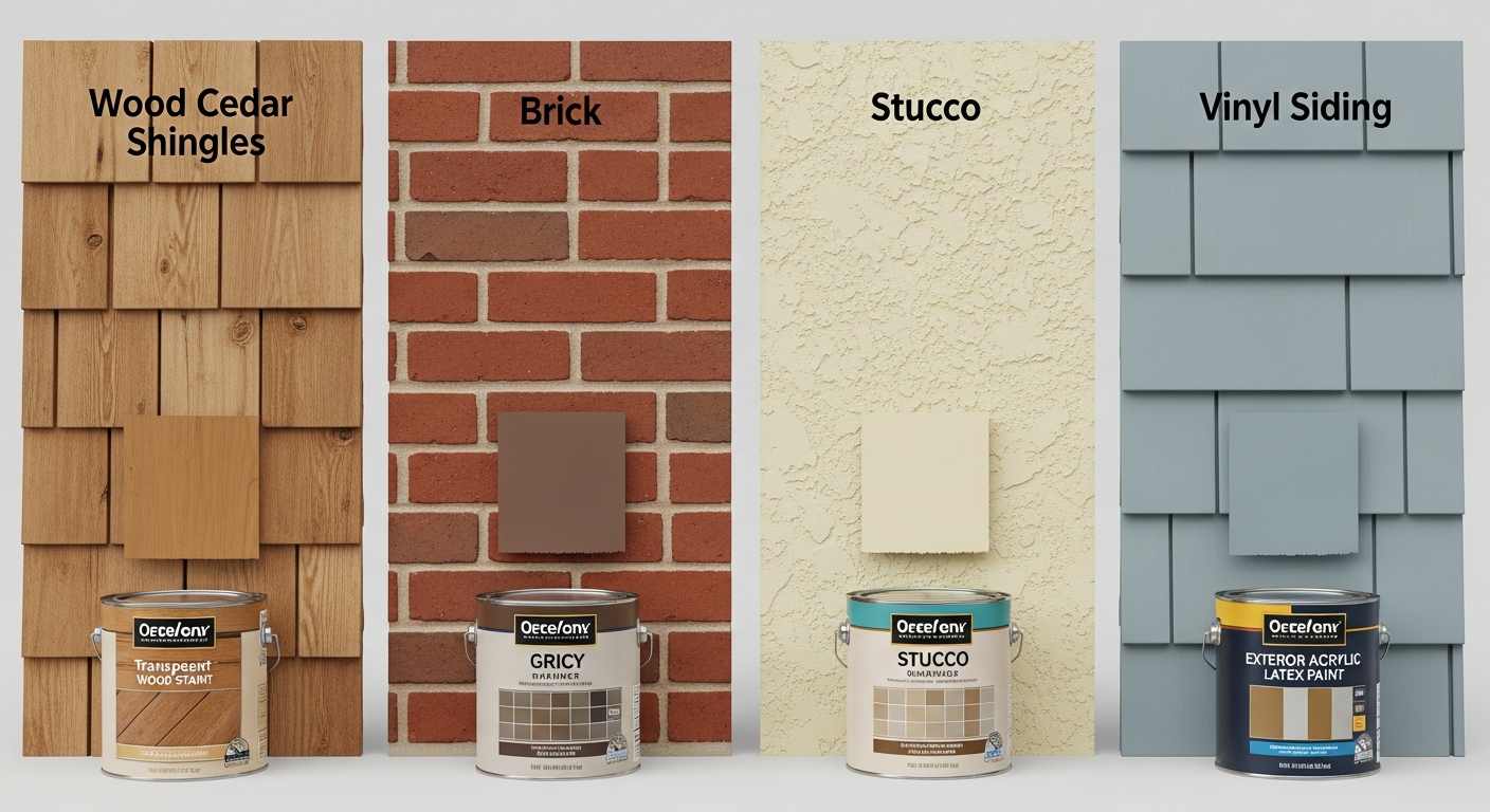 Different siding types with recommended paint brands for each material