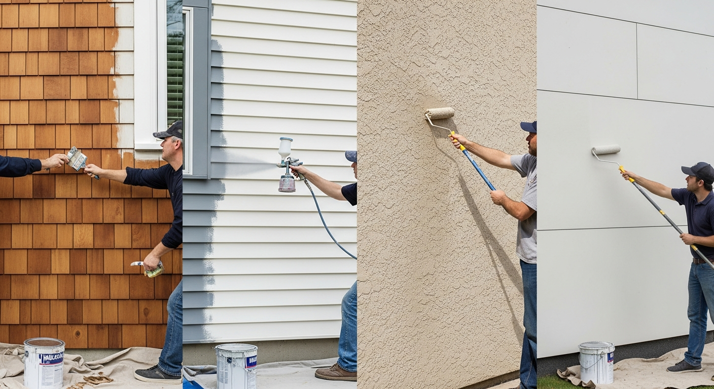 Split image showing five different siding types being painted