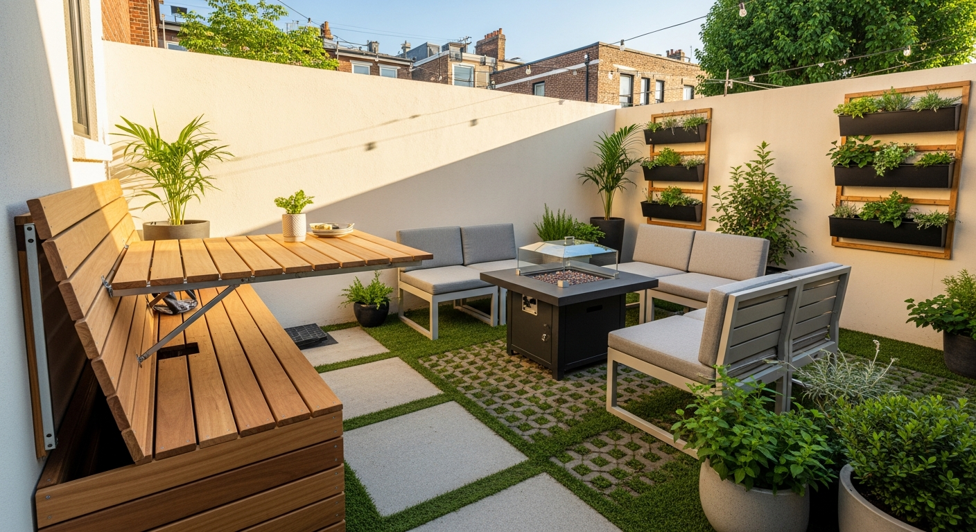 Multi-functional furniture and zone creation in small backyard