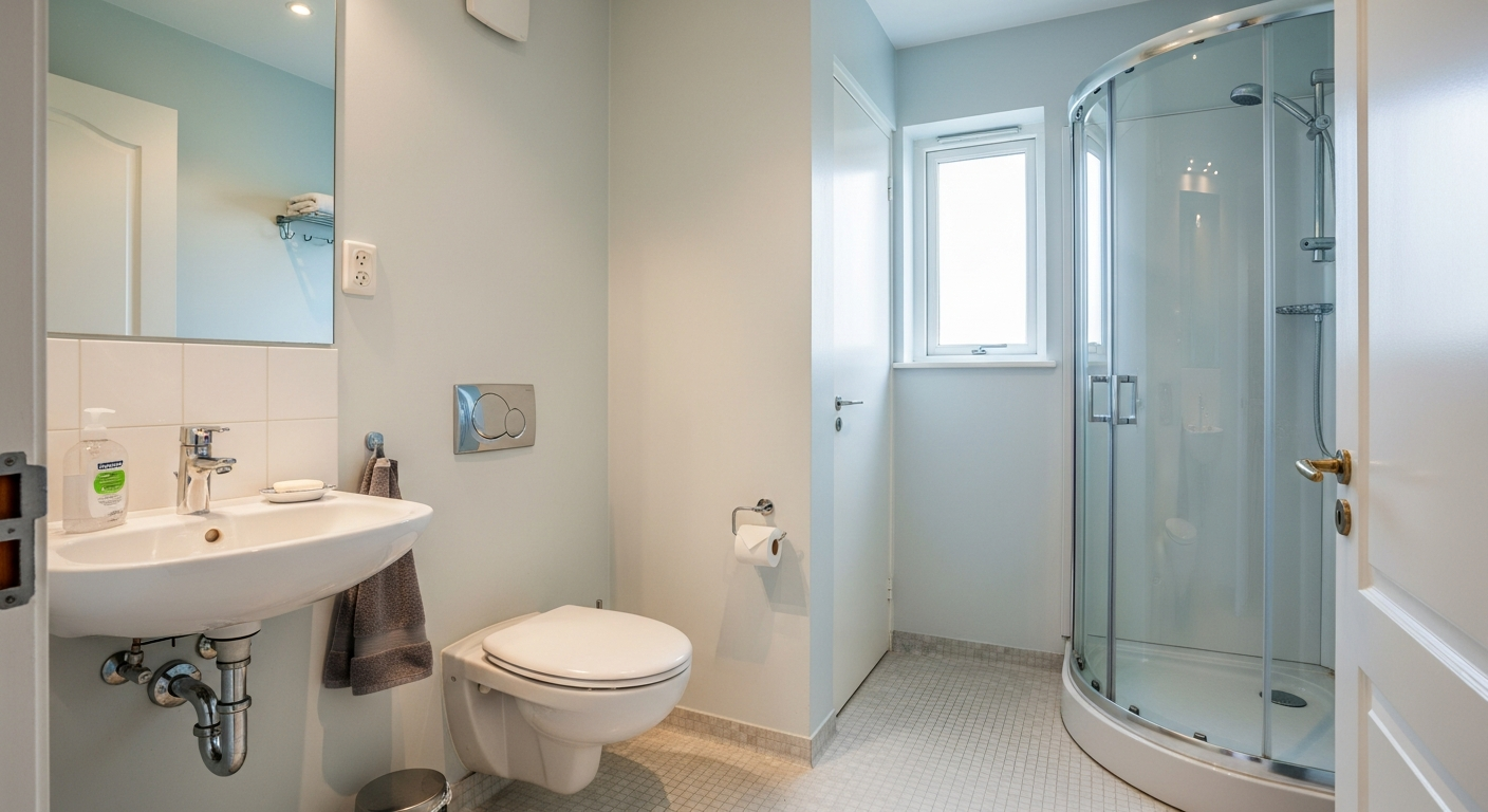 Compact bathroom with space-saving wall-mounted toilet and pedestal sink
