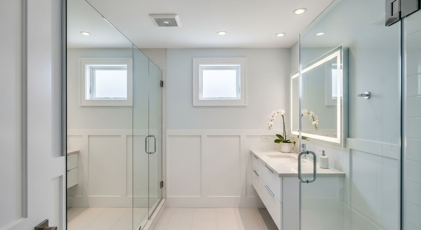 Small bathroom with large mirror, glass shower, and light colors