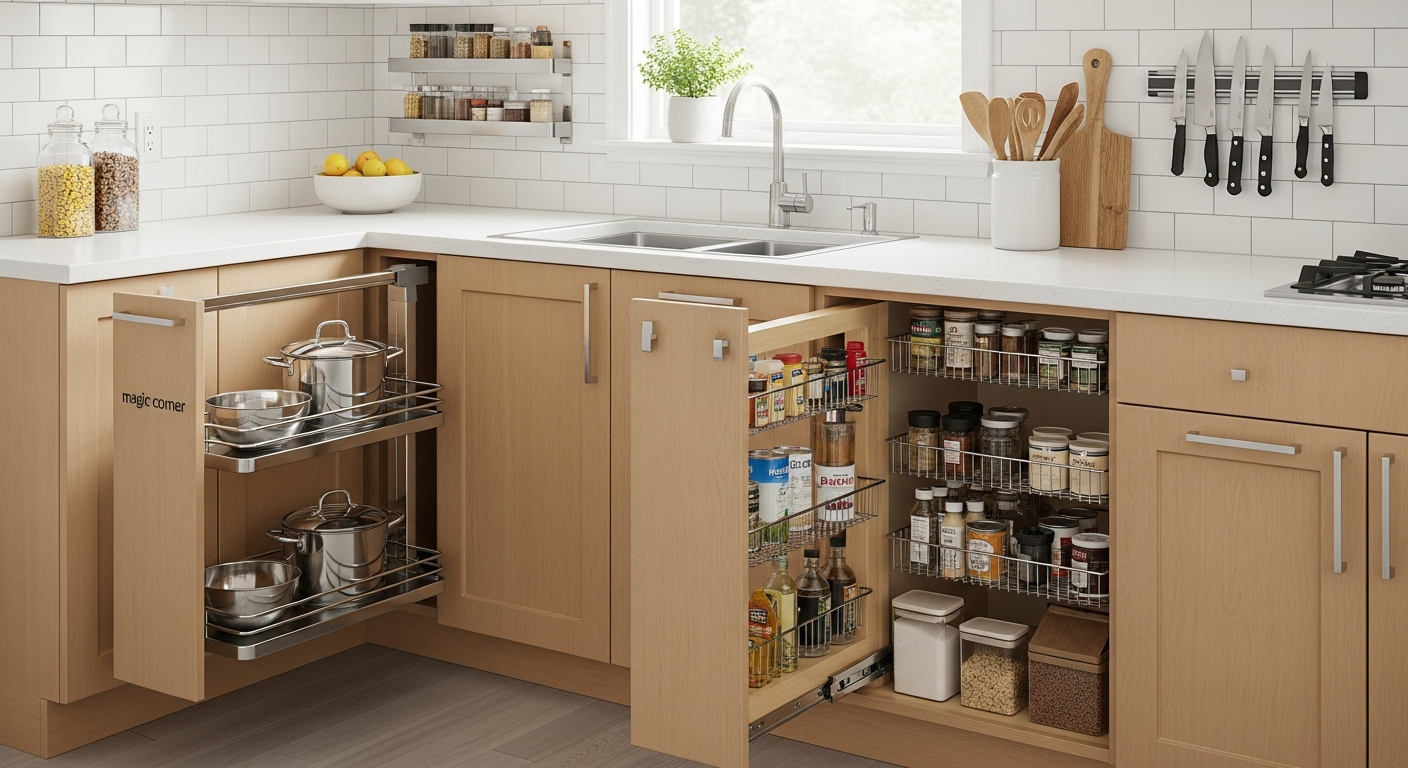 Clever storage solutions in a compact kitchen with pull-out organizers