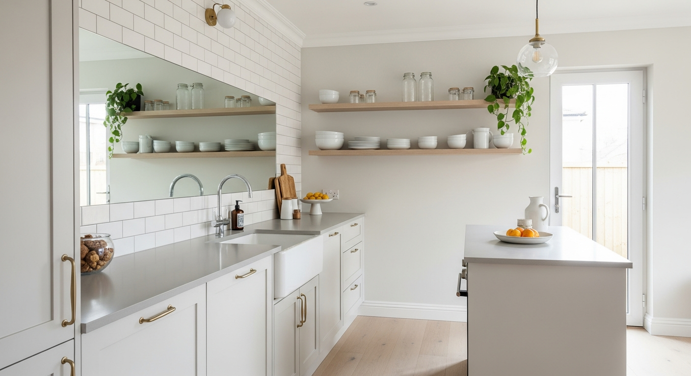 Small white kitchen with glass cabinets and reflective surfaces