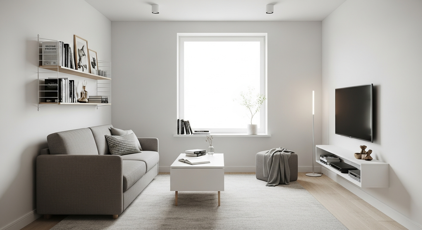 Small living room with appropriately scaled furniture and visible legs