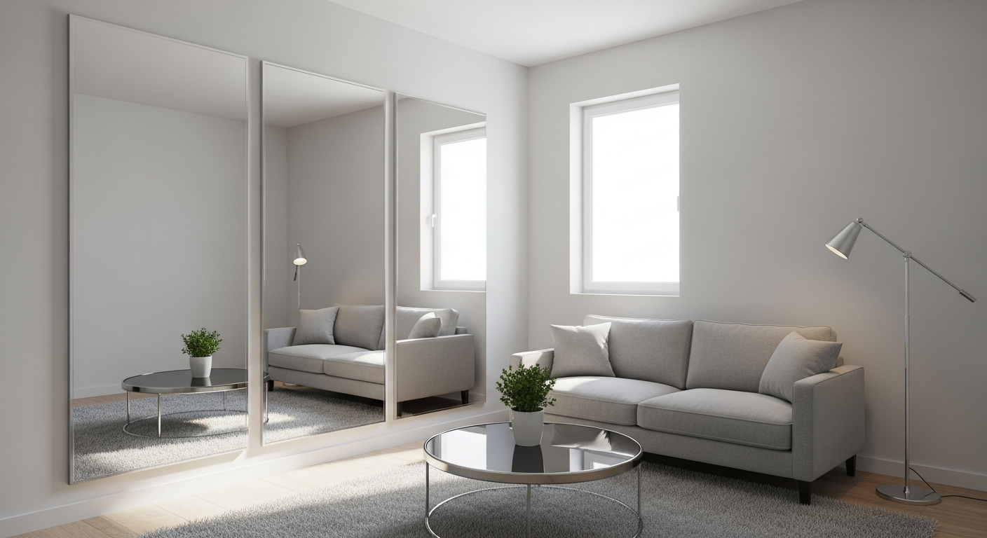 Small living room with strategic mirror placement expanding the space