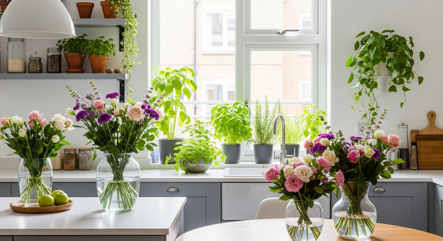 Indoor botanical arrangements with fresh florals, herb garden in kitchen window, and potted plants on shelving