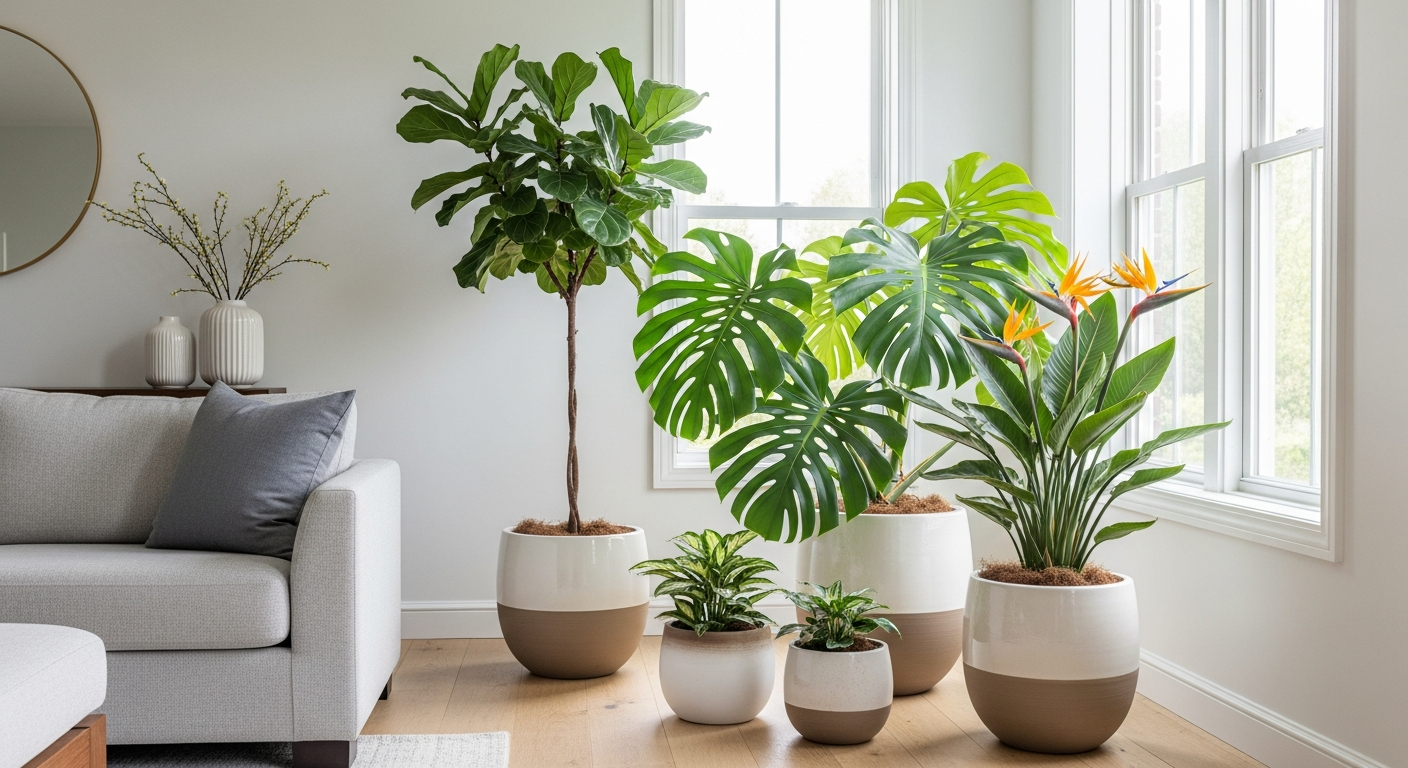 Statement plants like fiddle leaf fig and monstera in living room