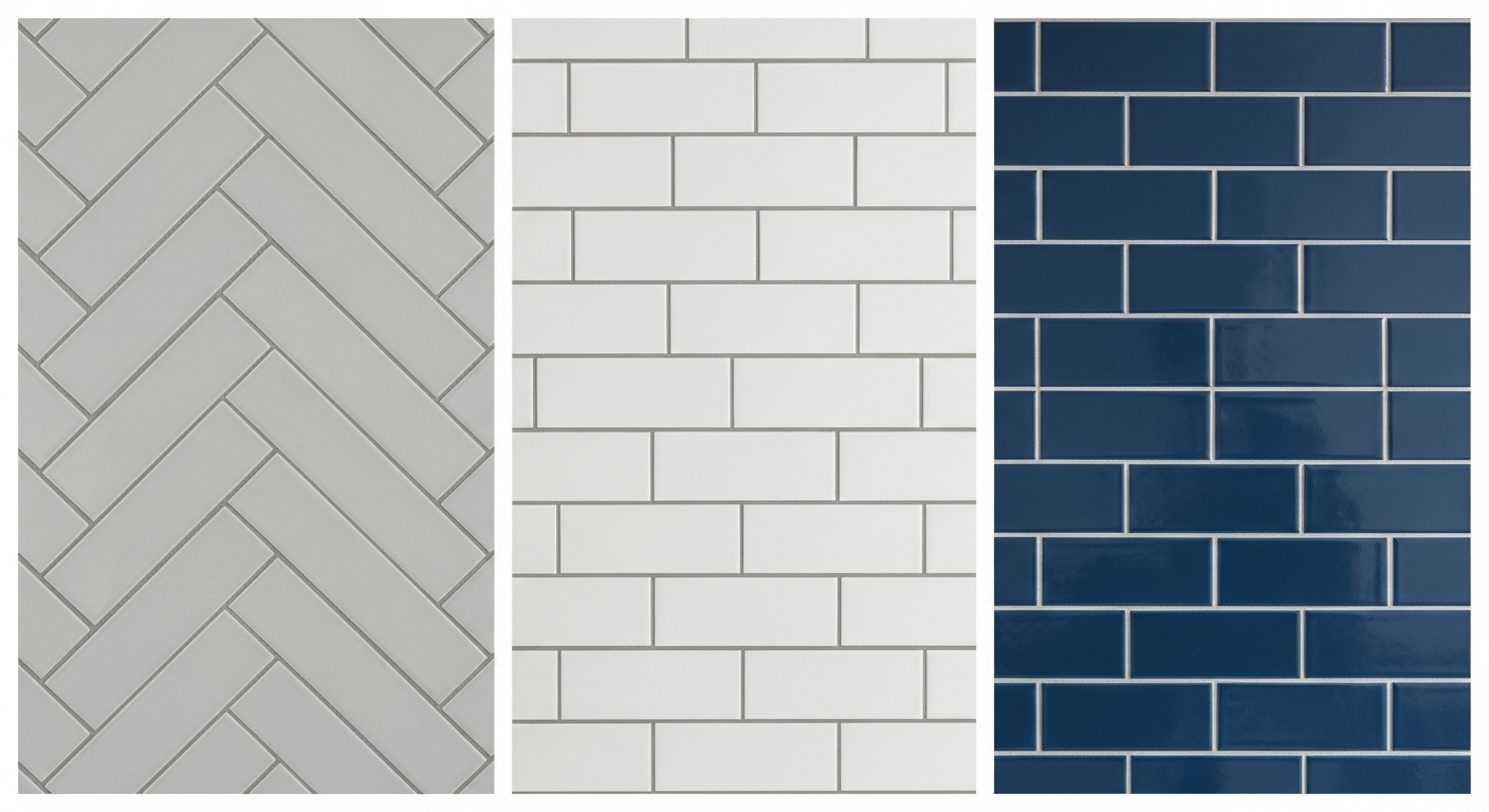 Different subway tile layouts: running bond, herringbone, and vertical stack