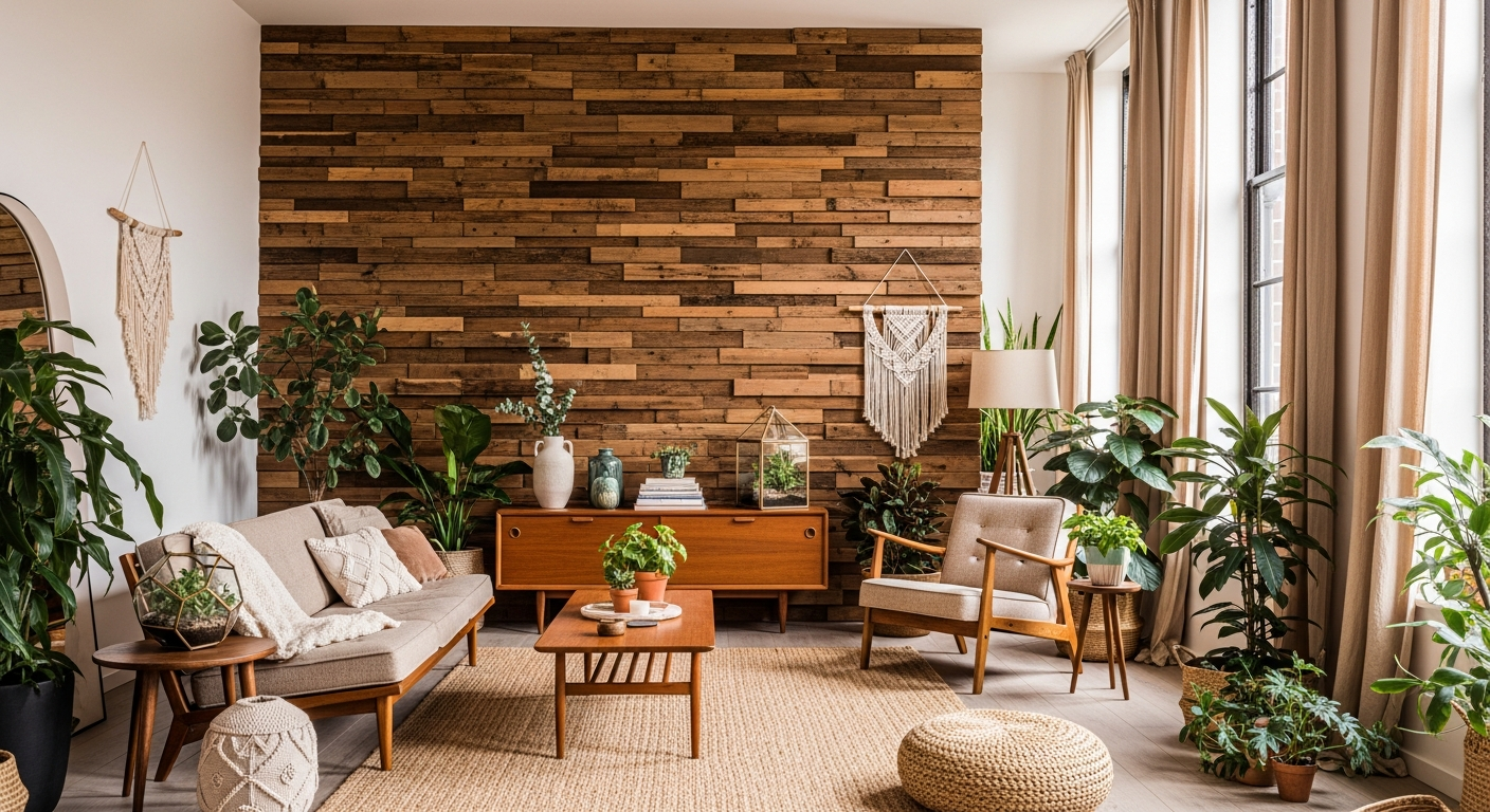Beautiful sustainable interior with reclaimed wood, natural materials, and plants