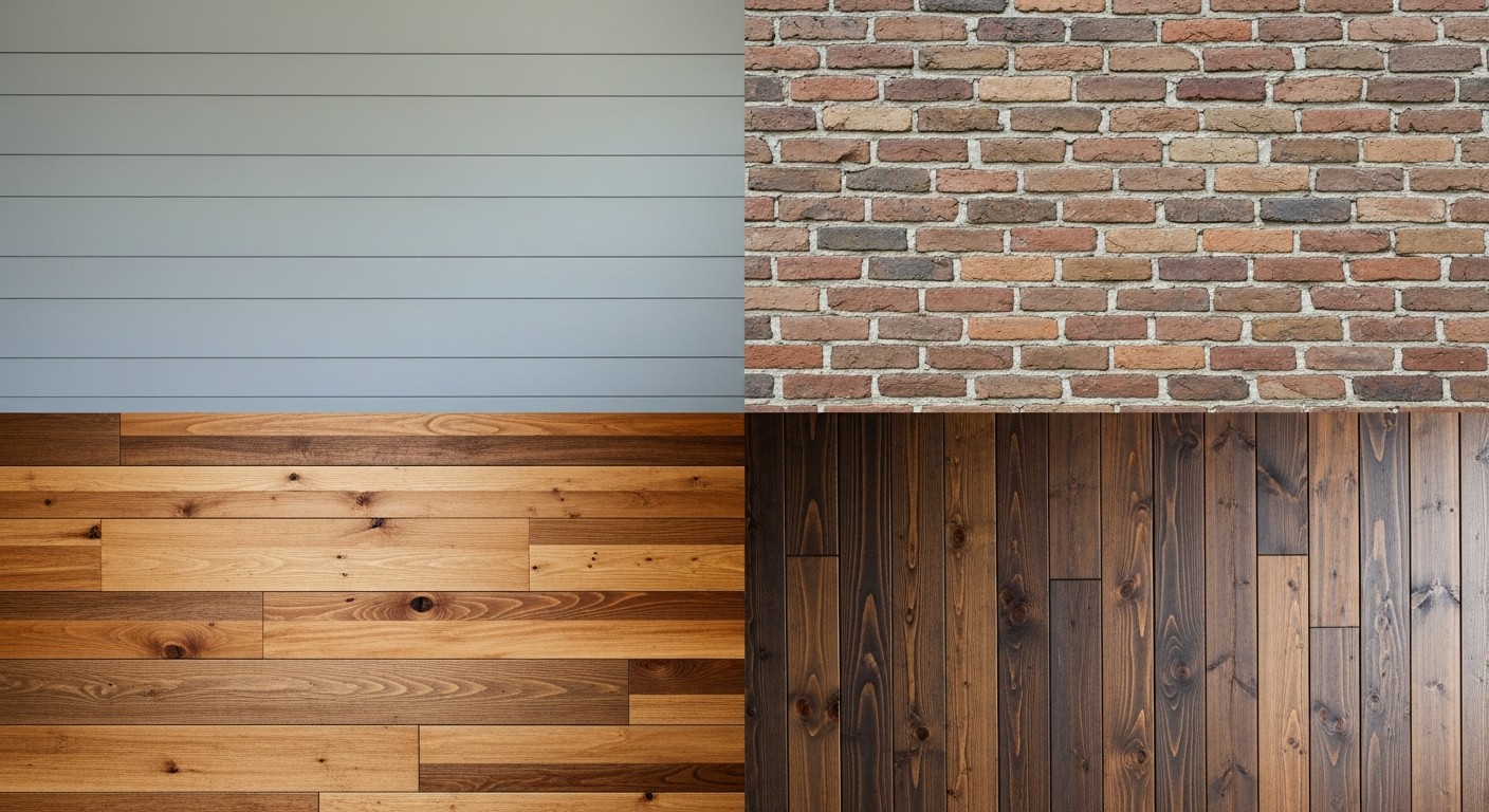 Various textured accent walls including wood slats and stone