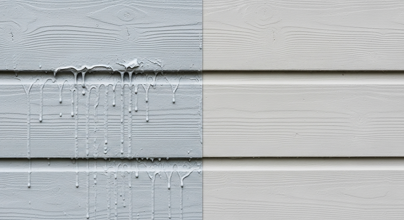 Side by side comparison of thick coat paint drips versus clean thin coat application on siding