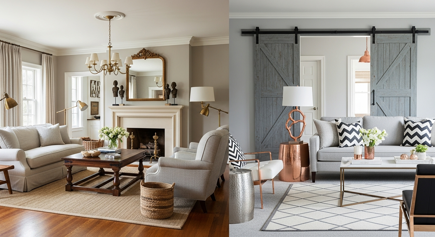 Side-by-side comparison of a timeless, enduring living room versus an overly trendy room that will quickly feel dated