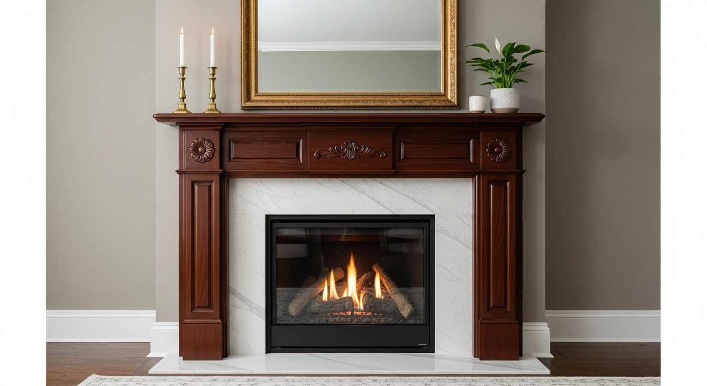 Before and after of traditional fireplace with painted brick and new mantel