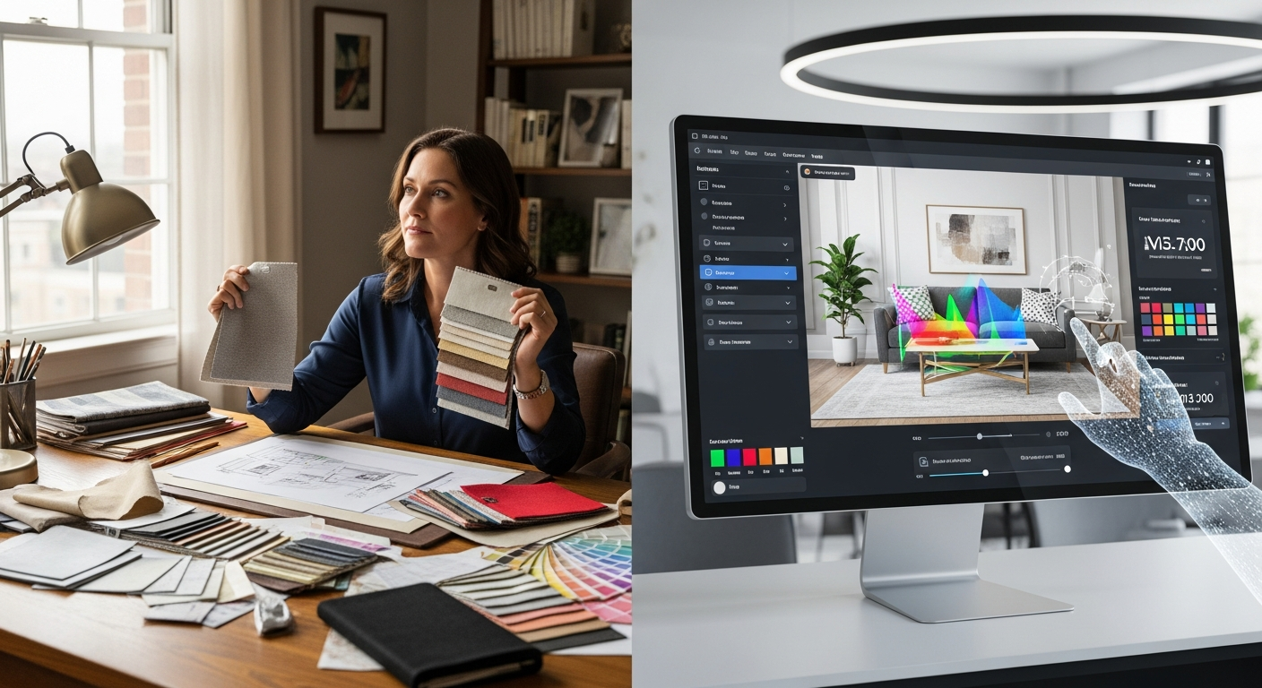 Side by side comparison of traditional designer process versus AI-powered design