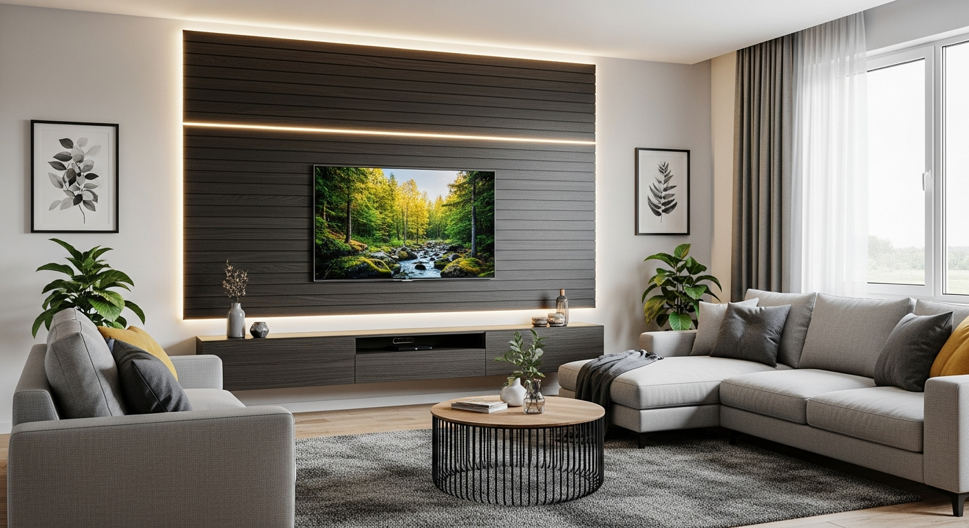 TV wall with wood paneling accent treatment