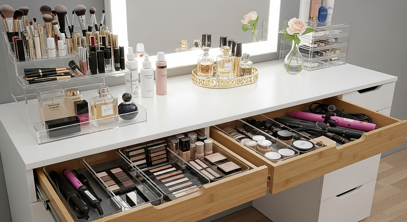 Organized bathroom vanity with drawer dividers and pull-out storage