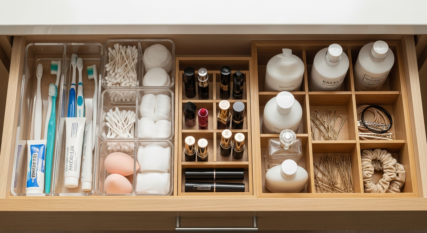 Bathroom vanity with organized storage solutions and accessories