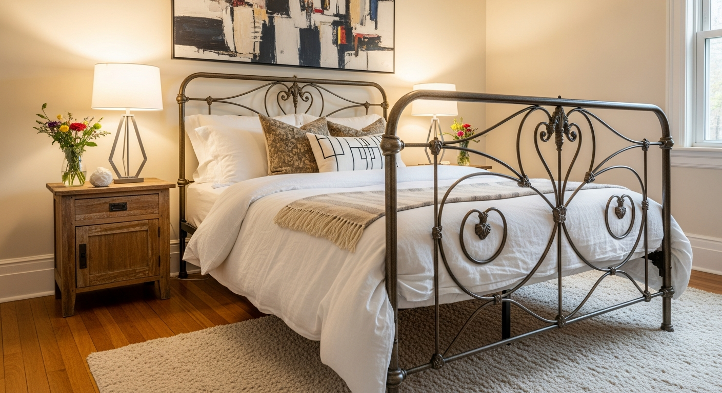 Bedroom beautifully blending a vintage iron bed frame with modern crisp linens and contemporary artwork for a collected, personal feel