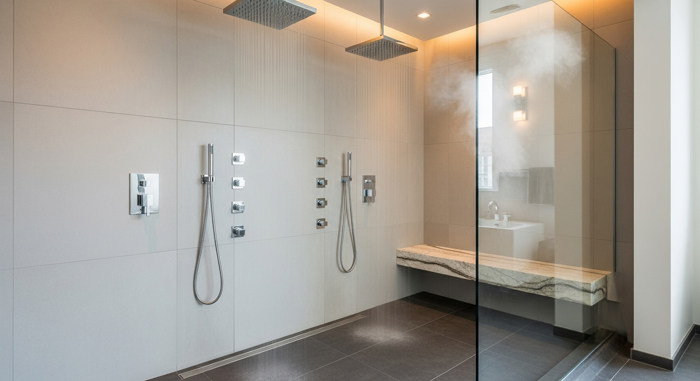Walk-in shower with built-in bench and recessed niches