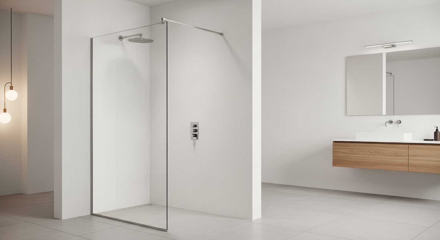 Modern walk-in shower with frameless glass enclosure