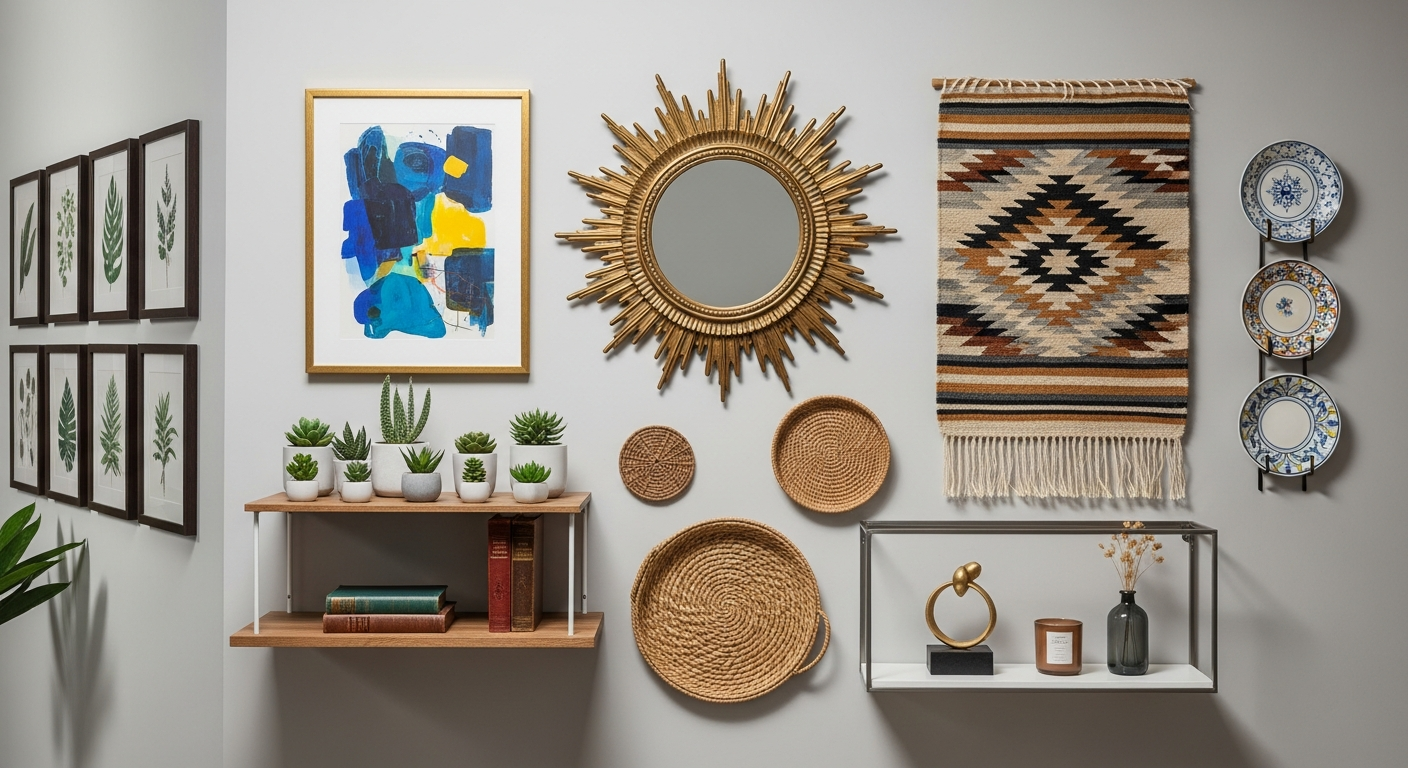 Various wall decor styles including art, mirrors, and shelving